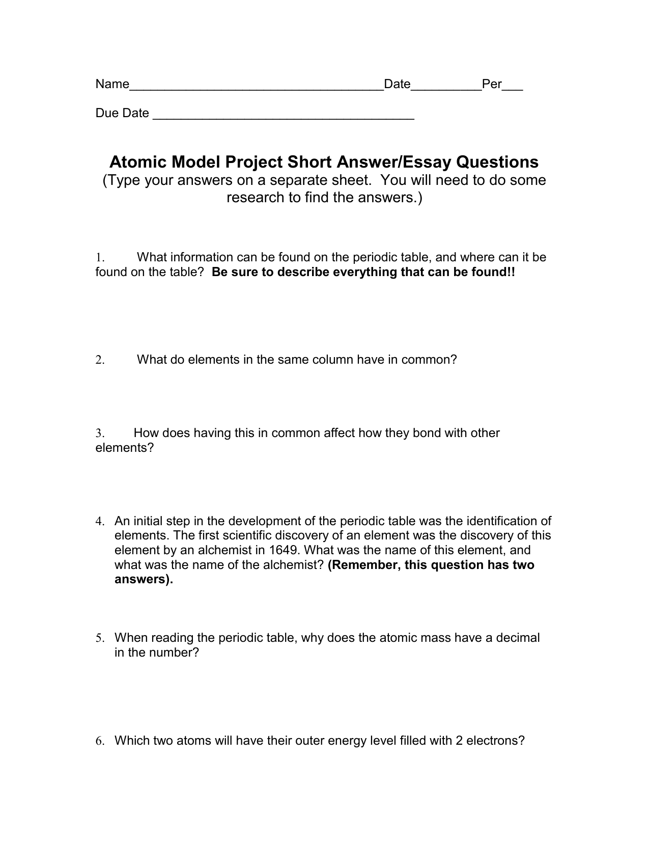 Atomic Model Project Questions
