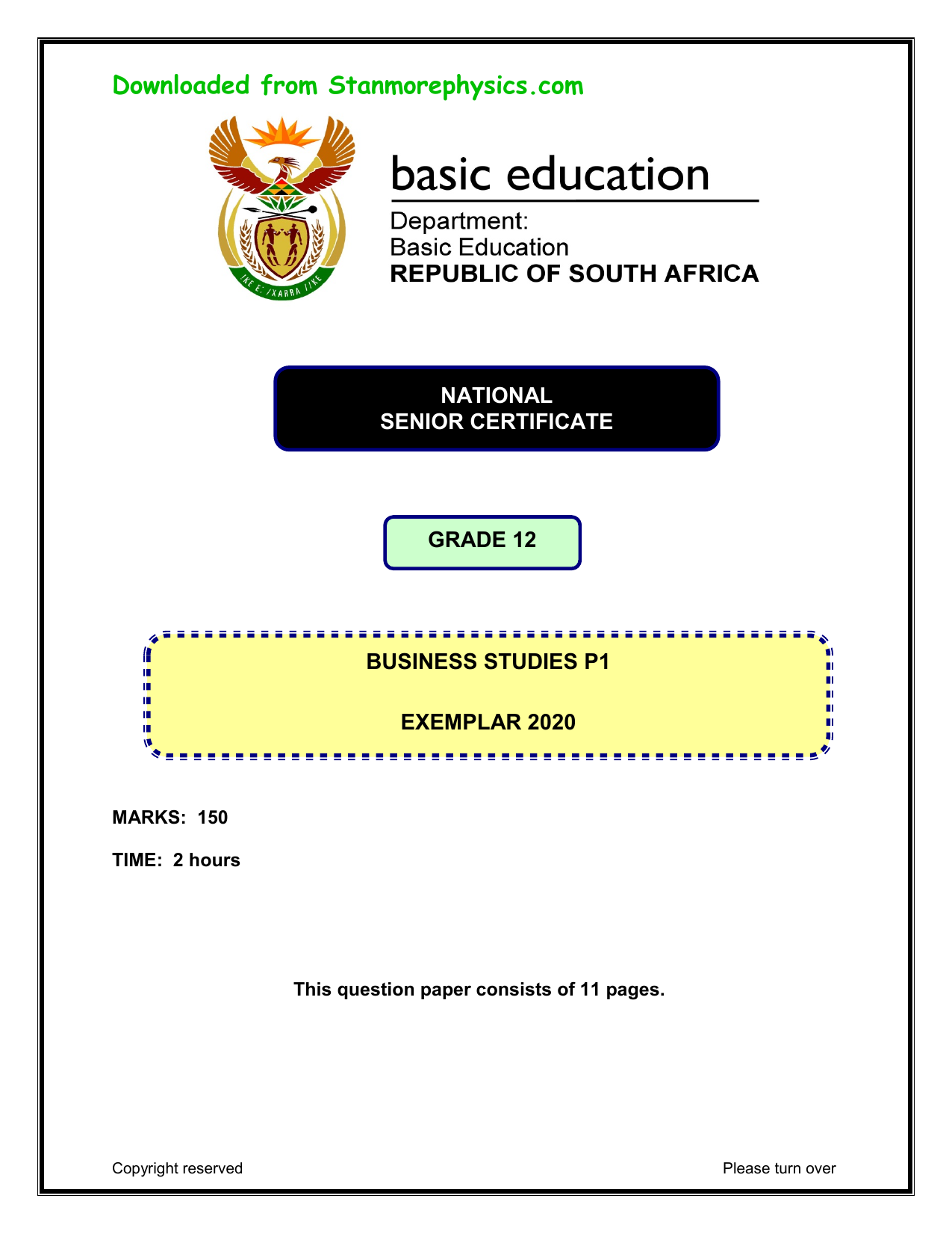 Business Studies P1 Gr 12 Exemplar 2020 and MEMO