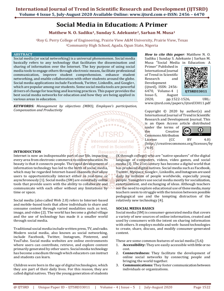 social media in education research paper