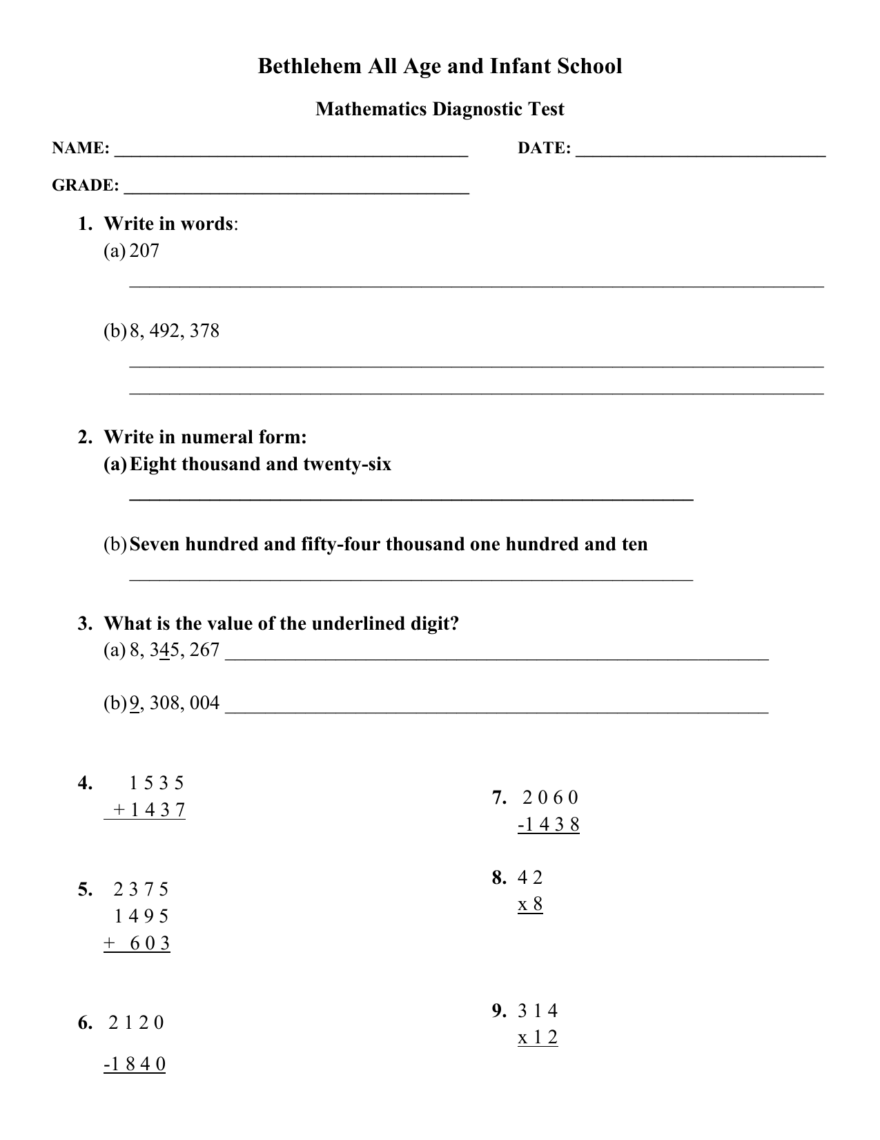 Mathematics Diagnostic Test