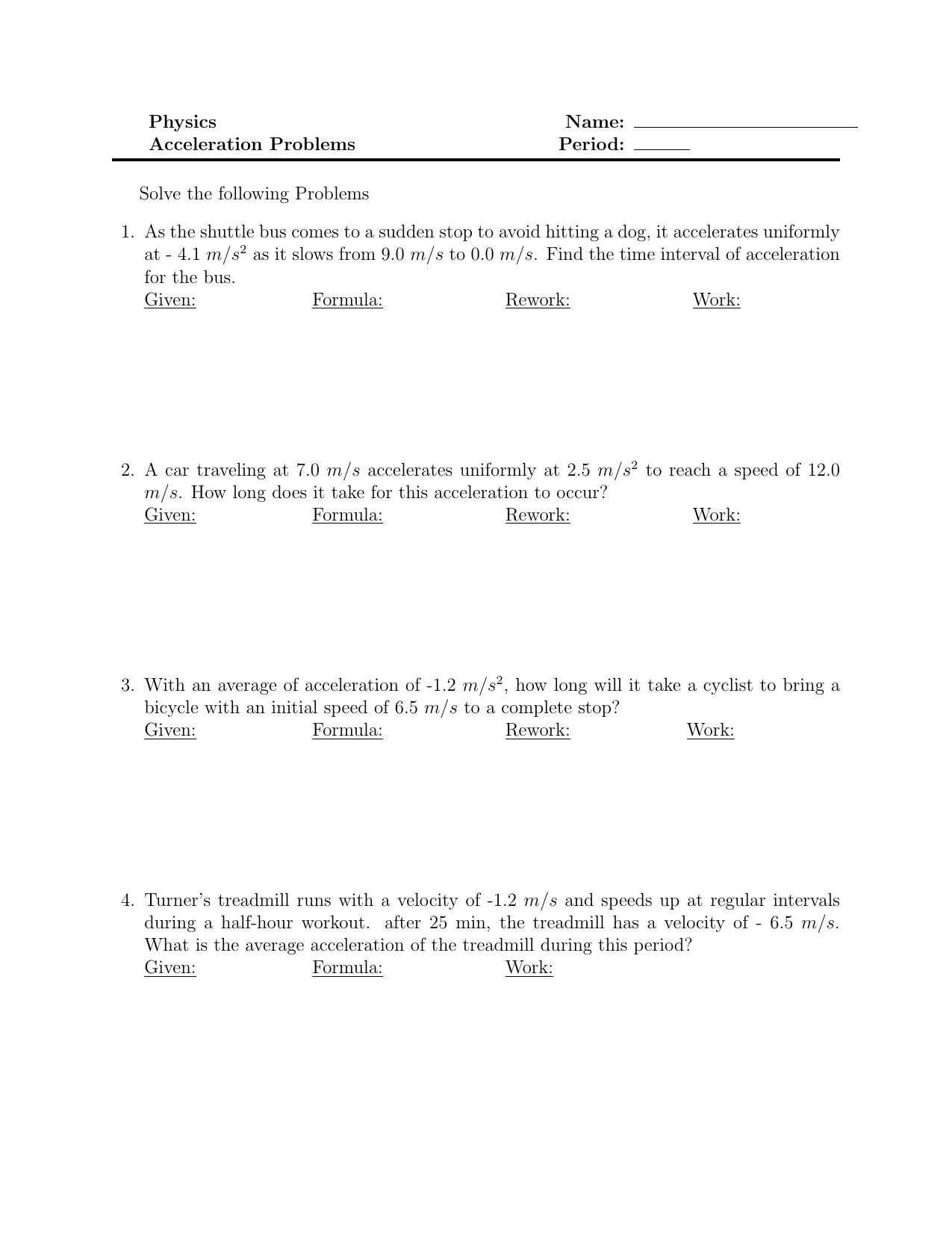 Acceleration Worksheet