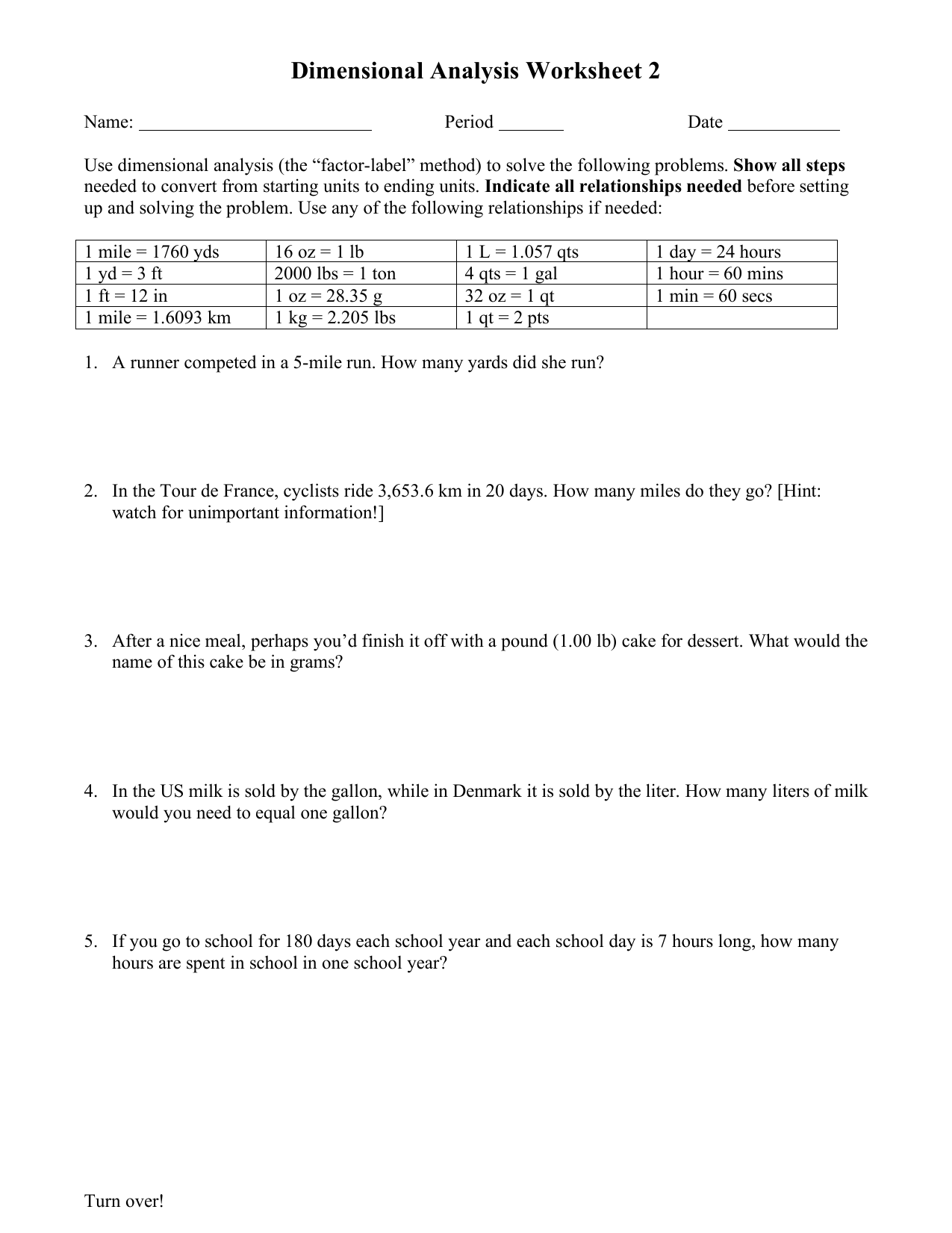 Dimensional Analysis Practice Worksheet
