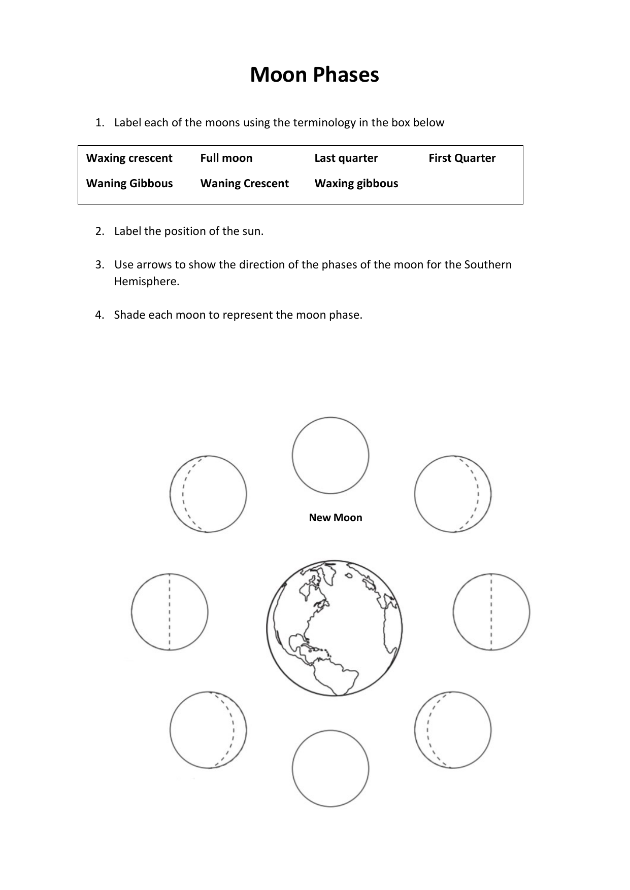 Moon Phases labelling Throughout Moon Phases Worksheet Answers