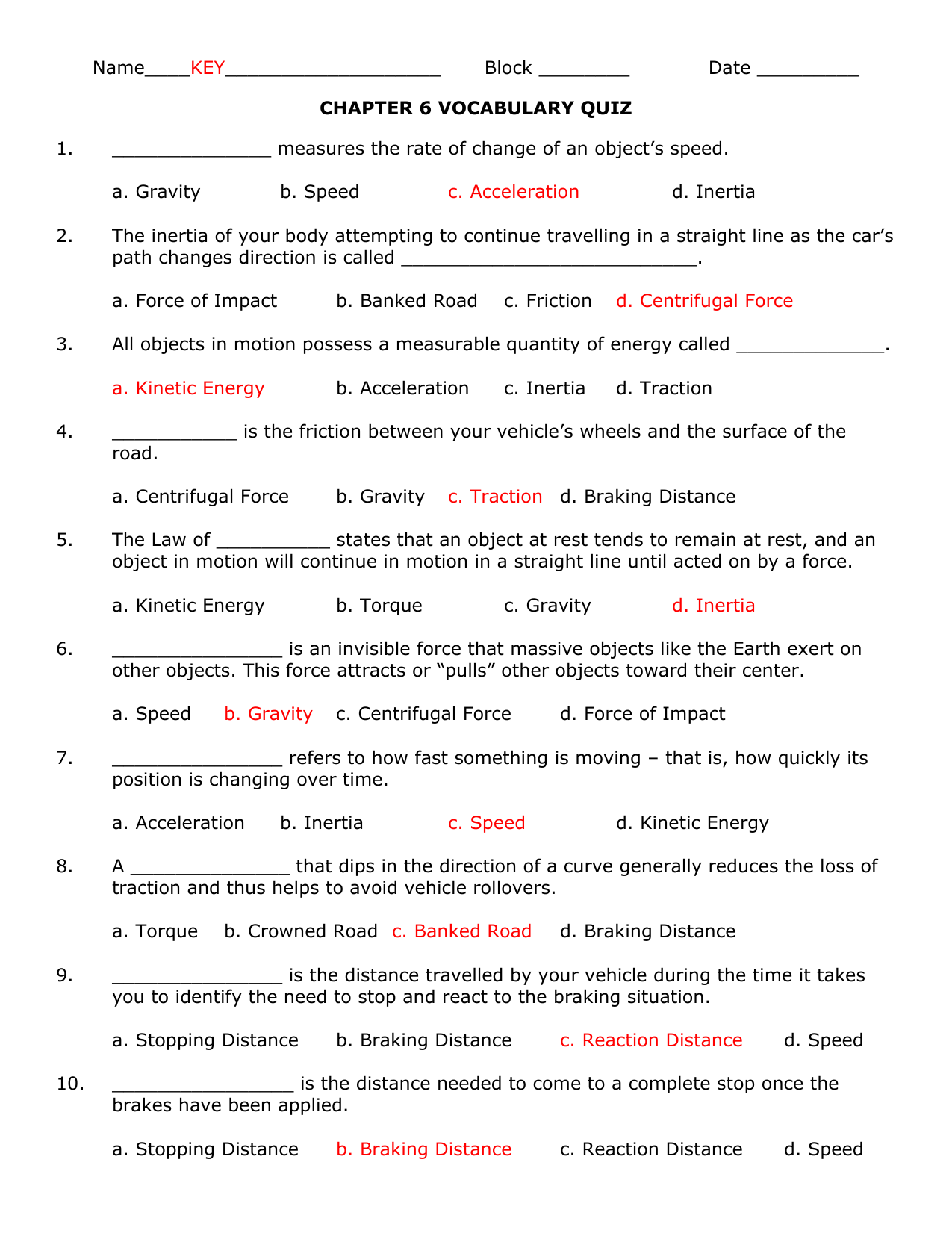 Chapter 6 Vocabulary Quiz Key