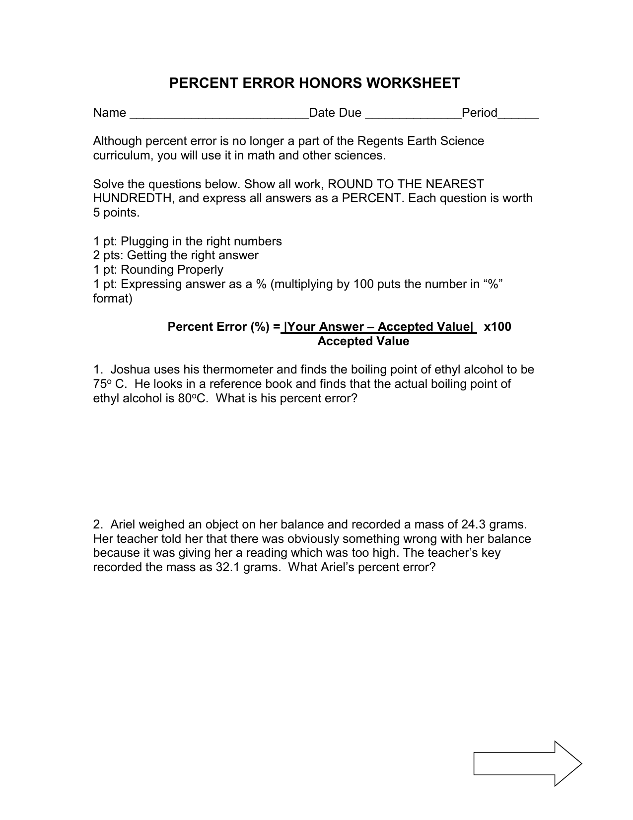 Percent Error Snow Worksheet Answer Key