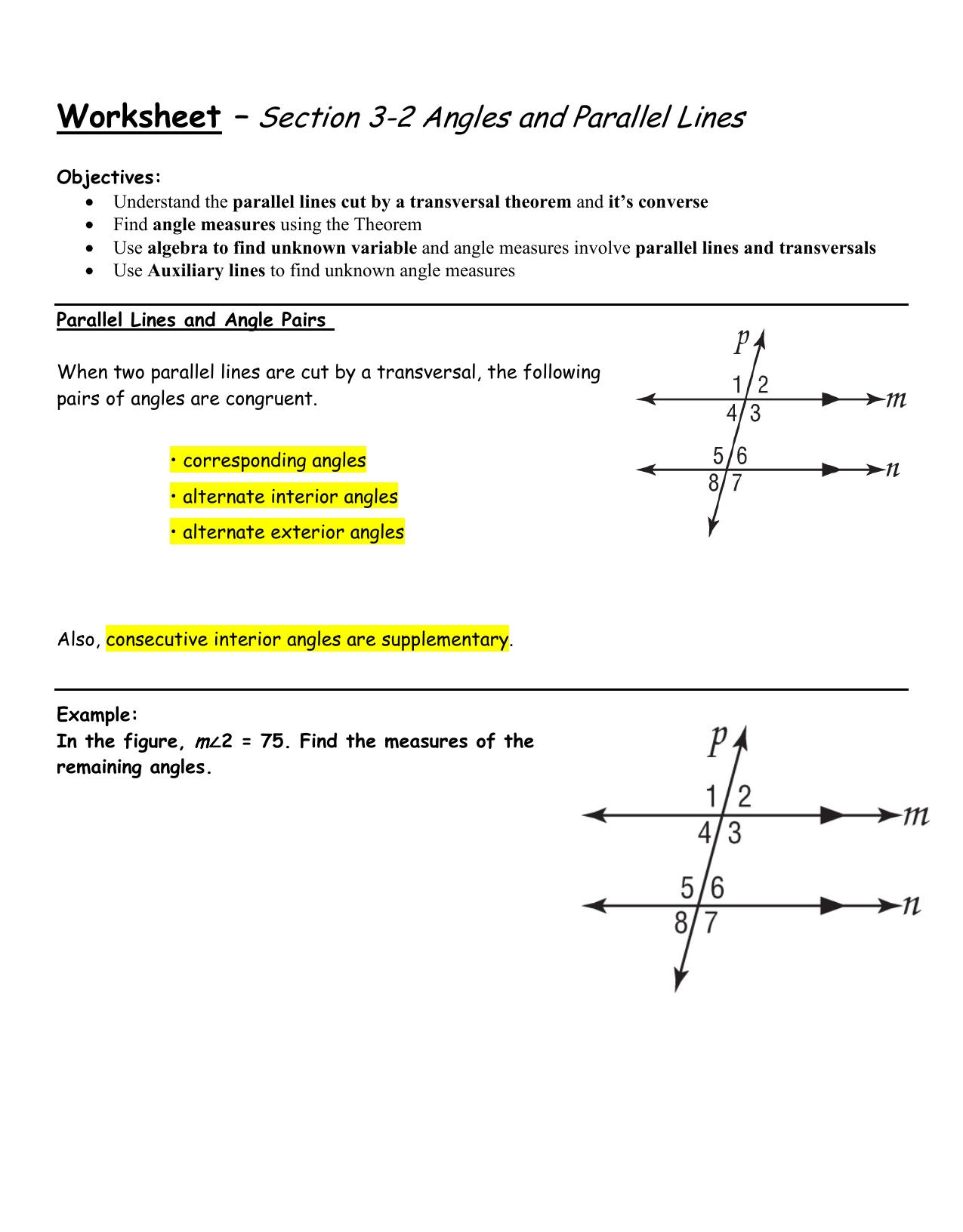 Worksheet Section 11 Angles and Parallel Lines Inside Angles And Parallel Lines Worksheet
