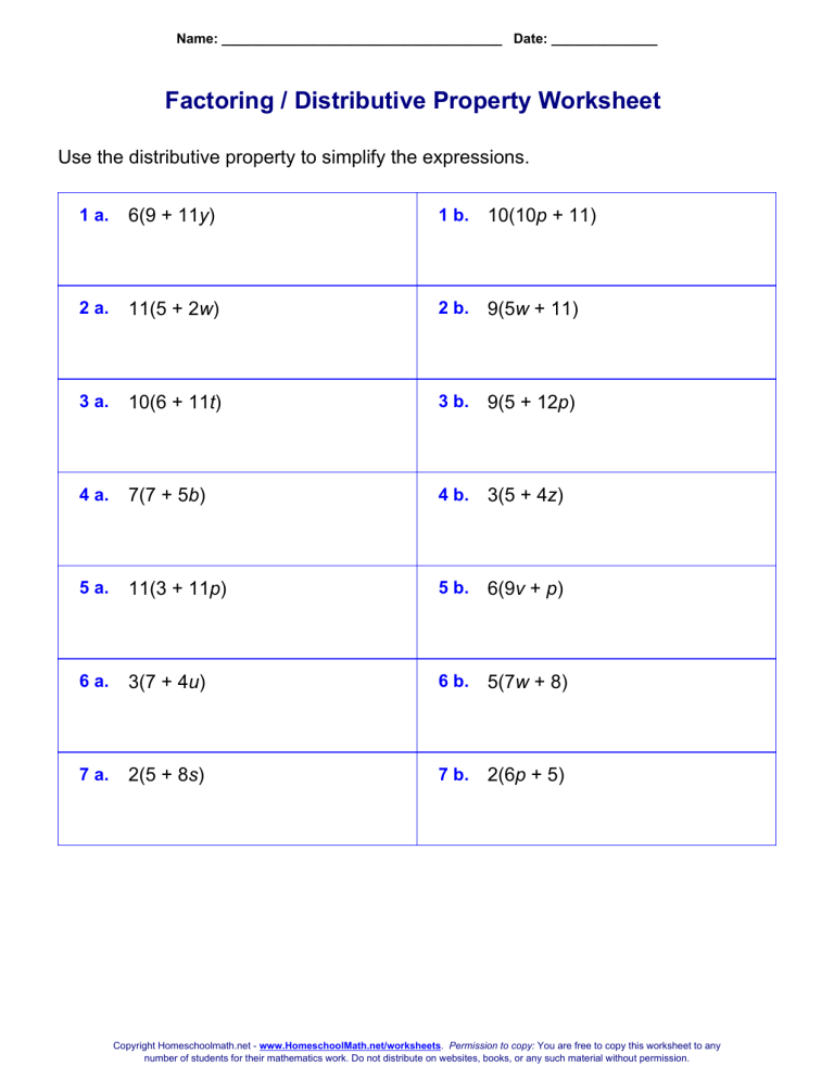 free worksheets for the distributive property and factoring