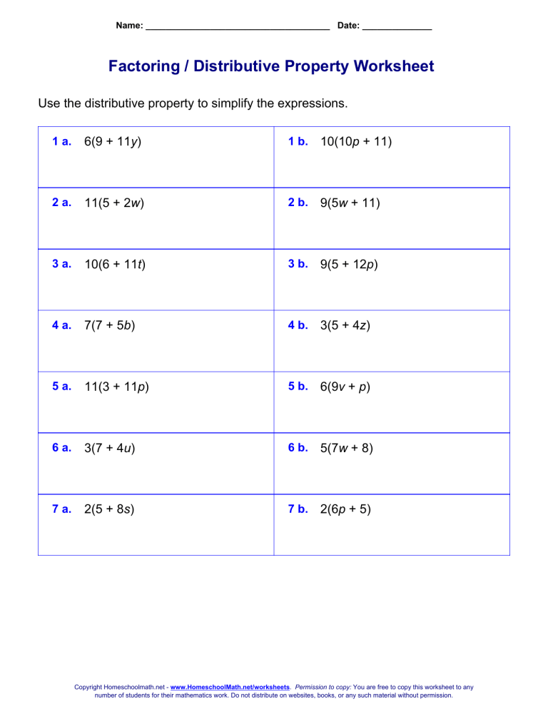 Factoring Distributive Property Worksheet