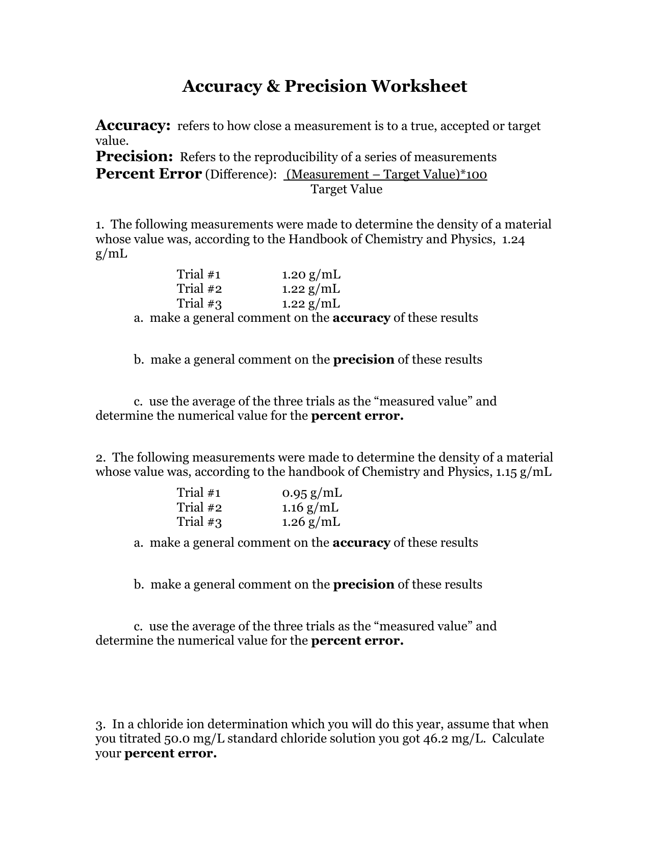 Accuracy And Precision Worksheet For Accuracy And Precision Worksheet Answers