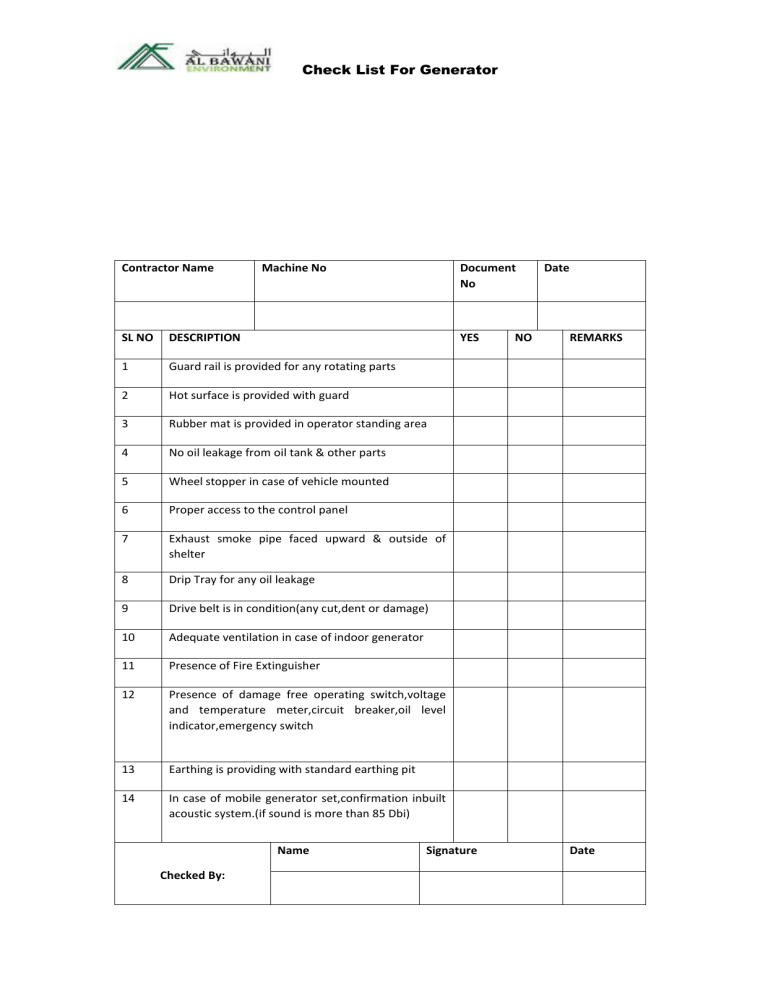 Generator Maintenance Checklist Template