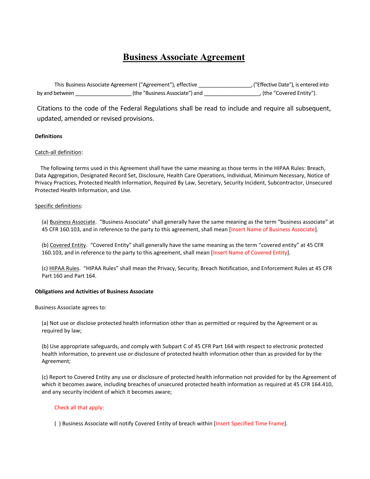 Business Associate Agreement Hipaa Template