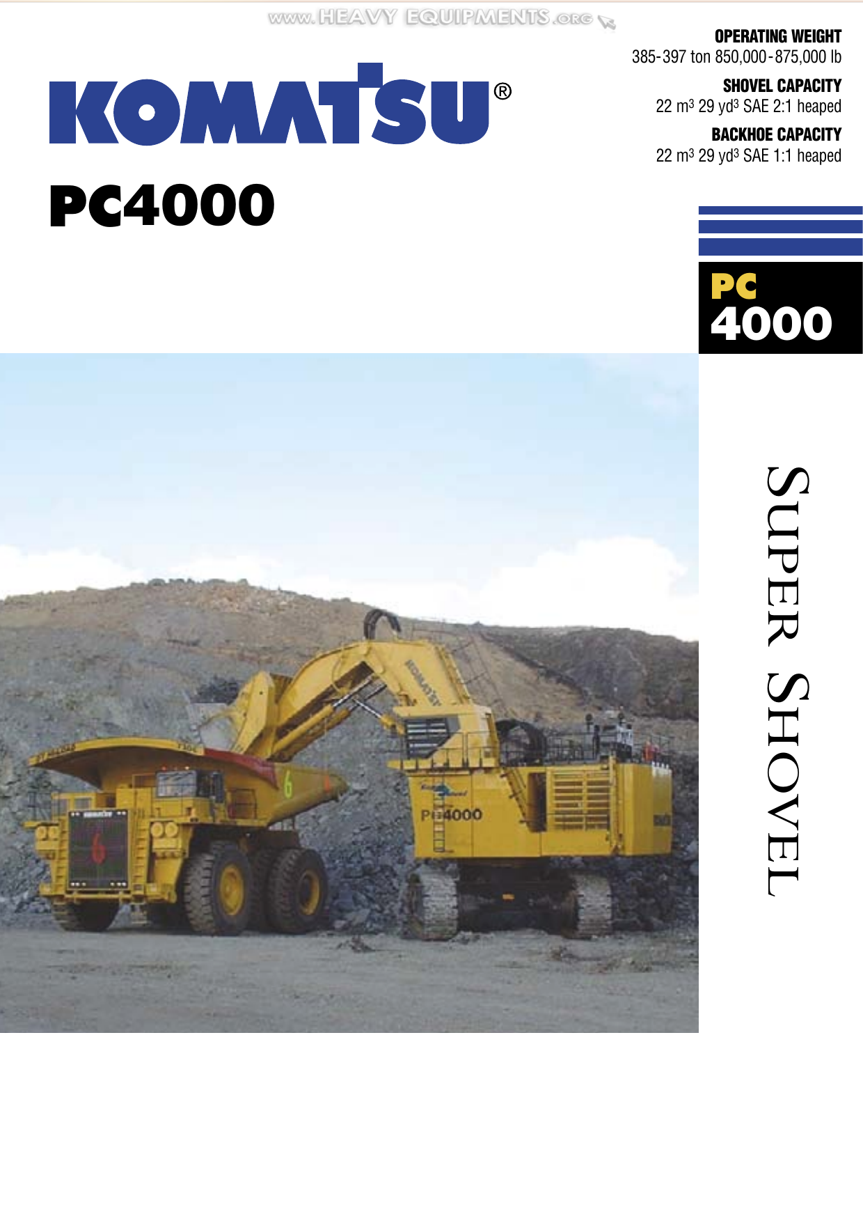 Catalog Komatsu Pc4000 Hydraulic Shovel Mass Excavator Specalog Features Technical Specifications Dimensions