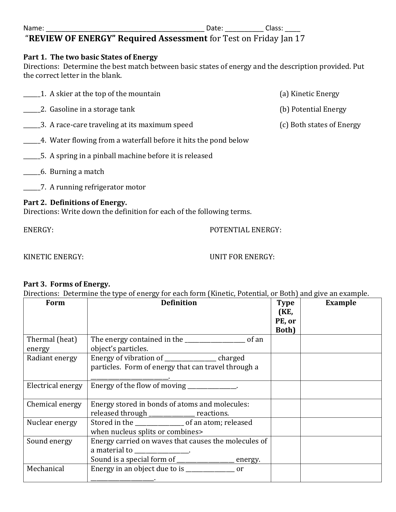 21-21 Review of Energy for States, Forms and Transformations Within Introduction To Energy Worksheet Answers