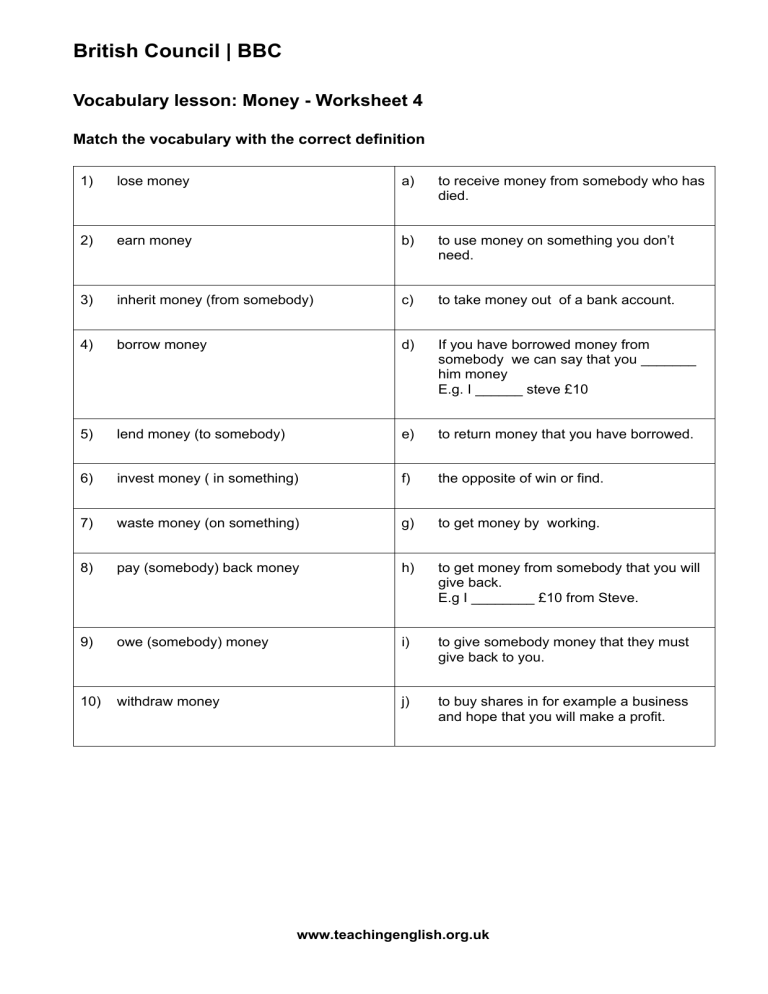 Money Vocabulary Worksheet 4