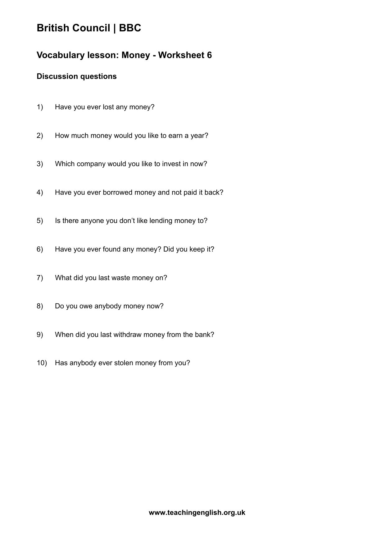 Money Vocabulary Worksheet 6