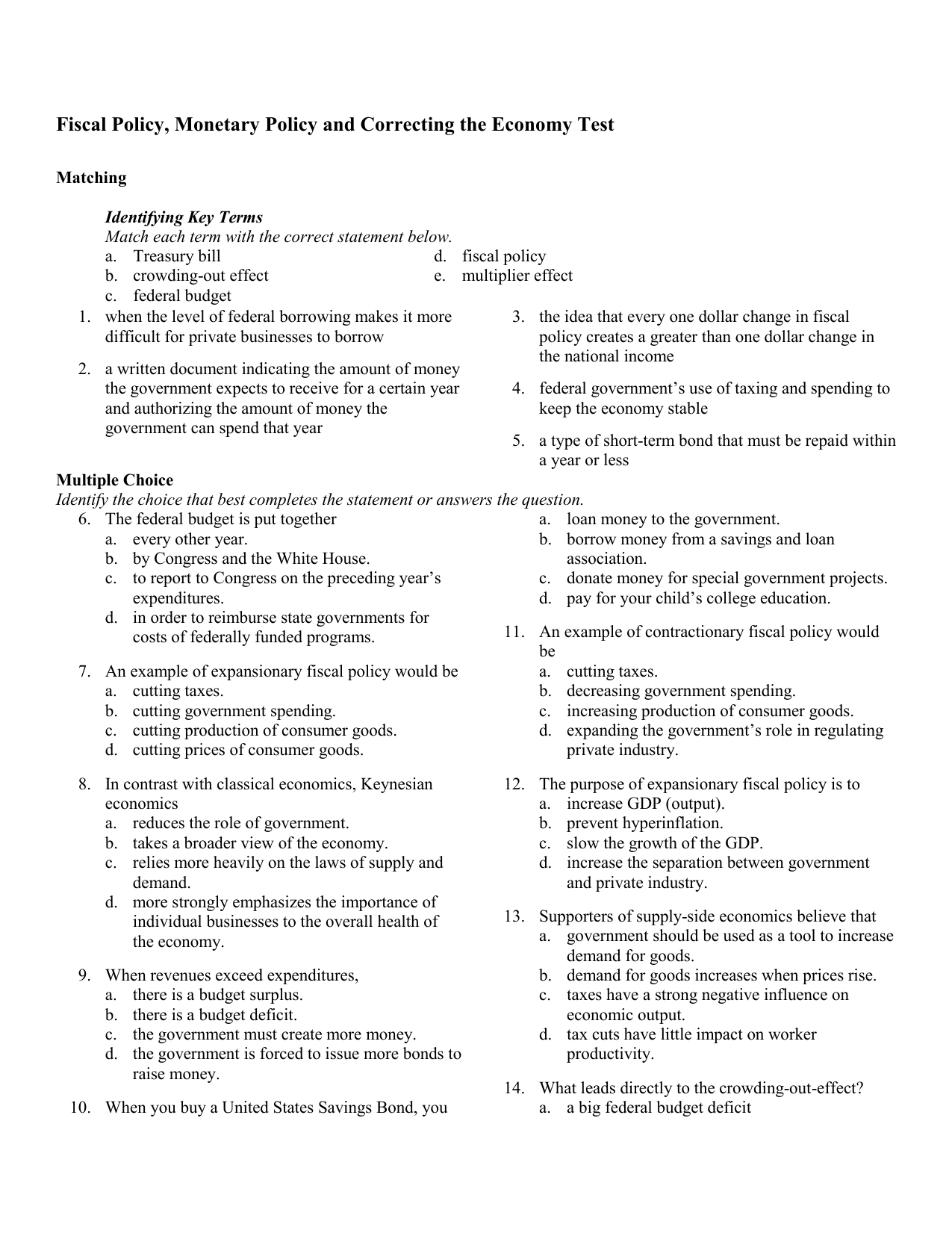 Fiscal Monetary and the Fed Policy With Monetary Policy Worksheet Answers
