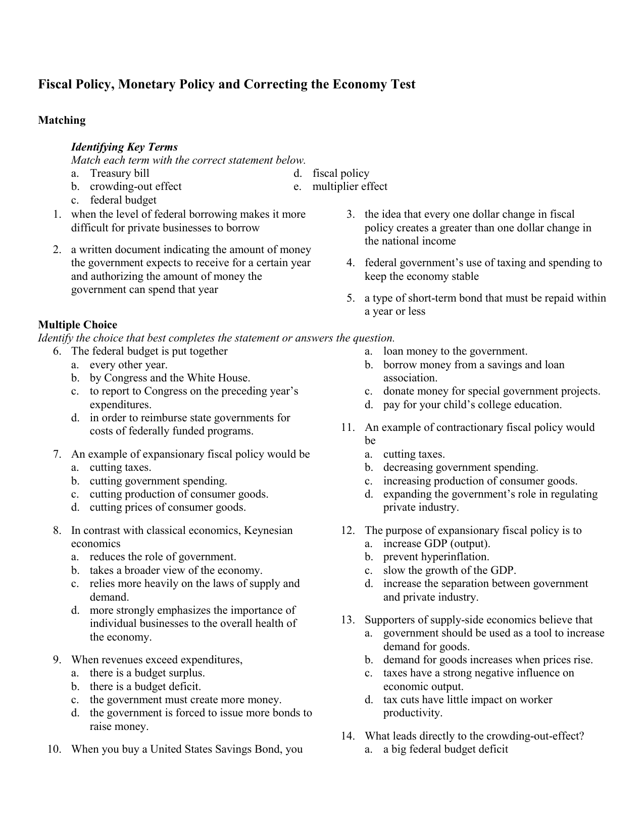 Monetary Policy Worksheet Answers