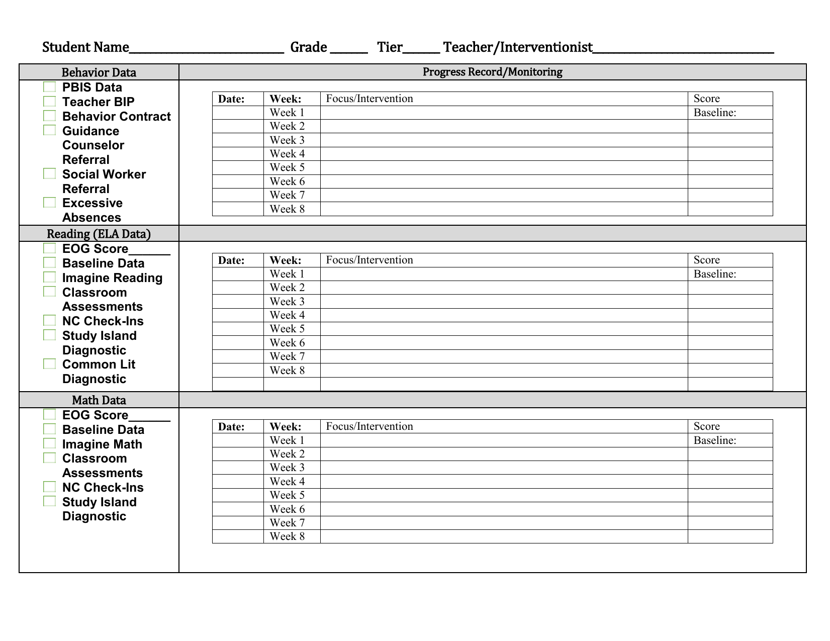 Empty Progress Monitoring Sheet