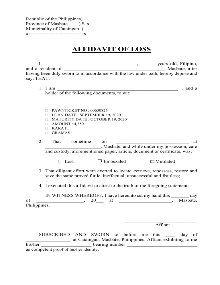 Affidavit Of Loss