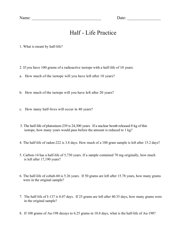 Get A Half Life Worksheet Answers