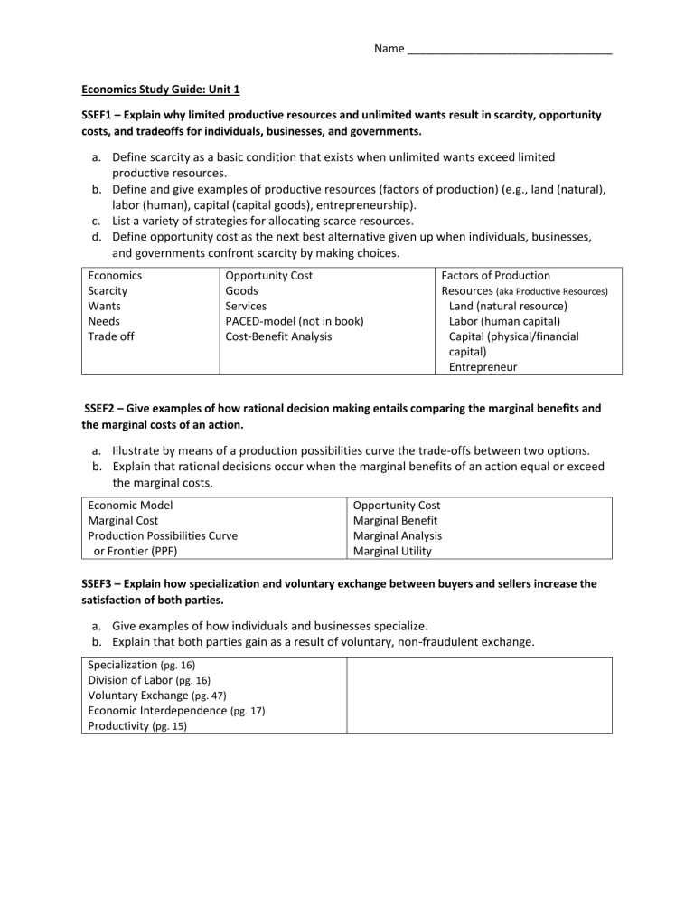 Unit 1 Economics Study Guide Unit 1 Economics Study Guide