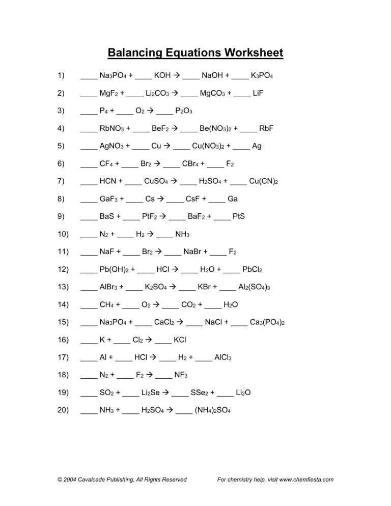 Chemfiesta Balancing Equations Worksheet Answers