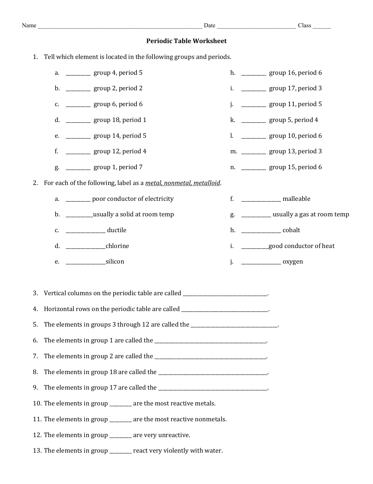 Periodic Table Worksheet With Chemistry Periodic Table Worksheet