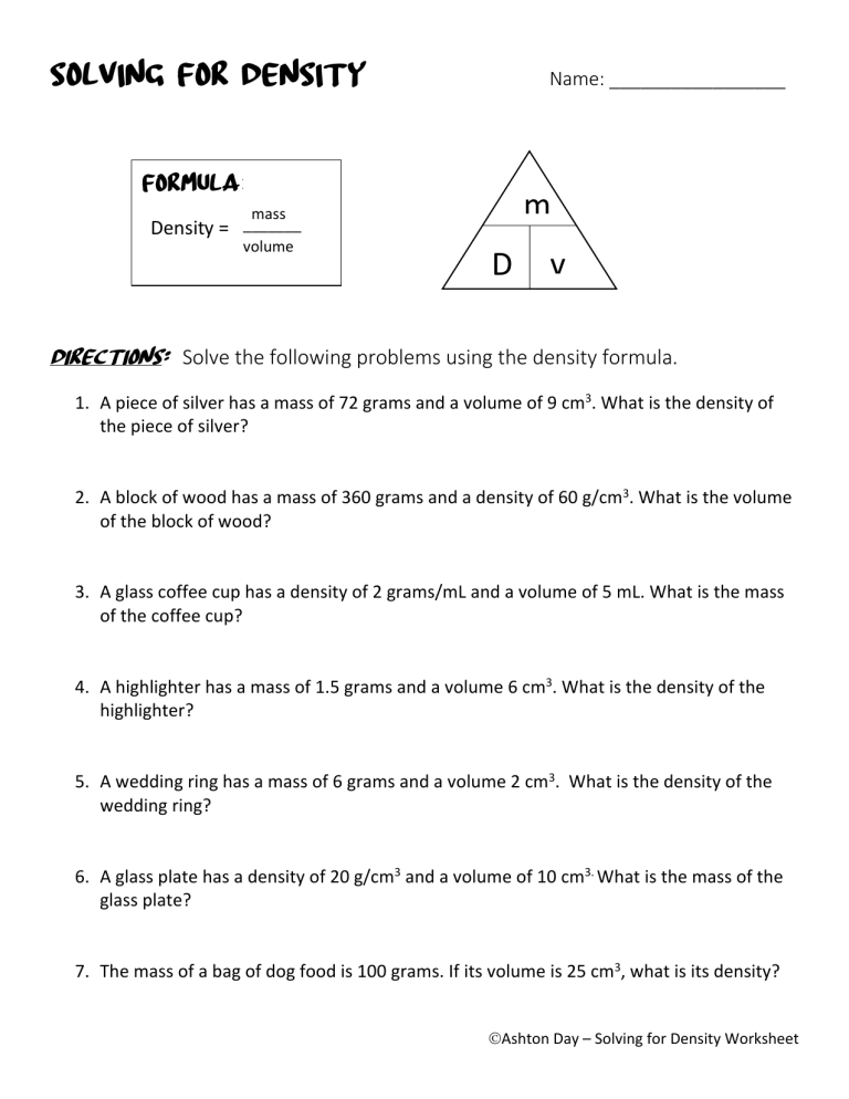 Solving For Density Worksheet