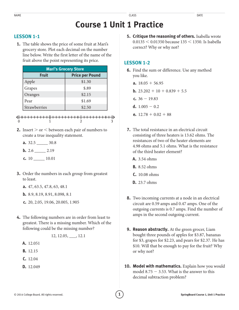 springboard course 1 additional unit practice