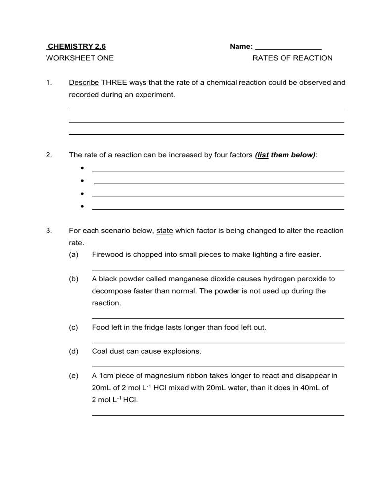 3 Worksheet Rates Of Reactions