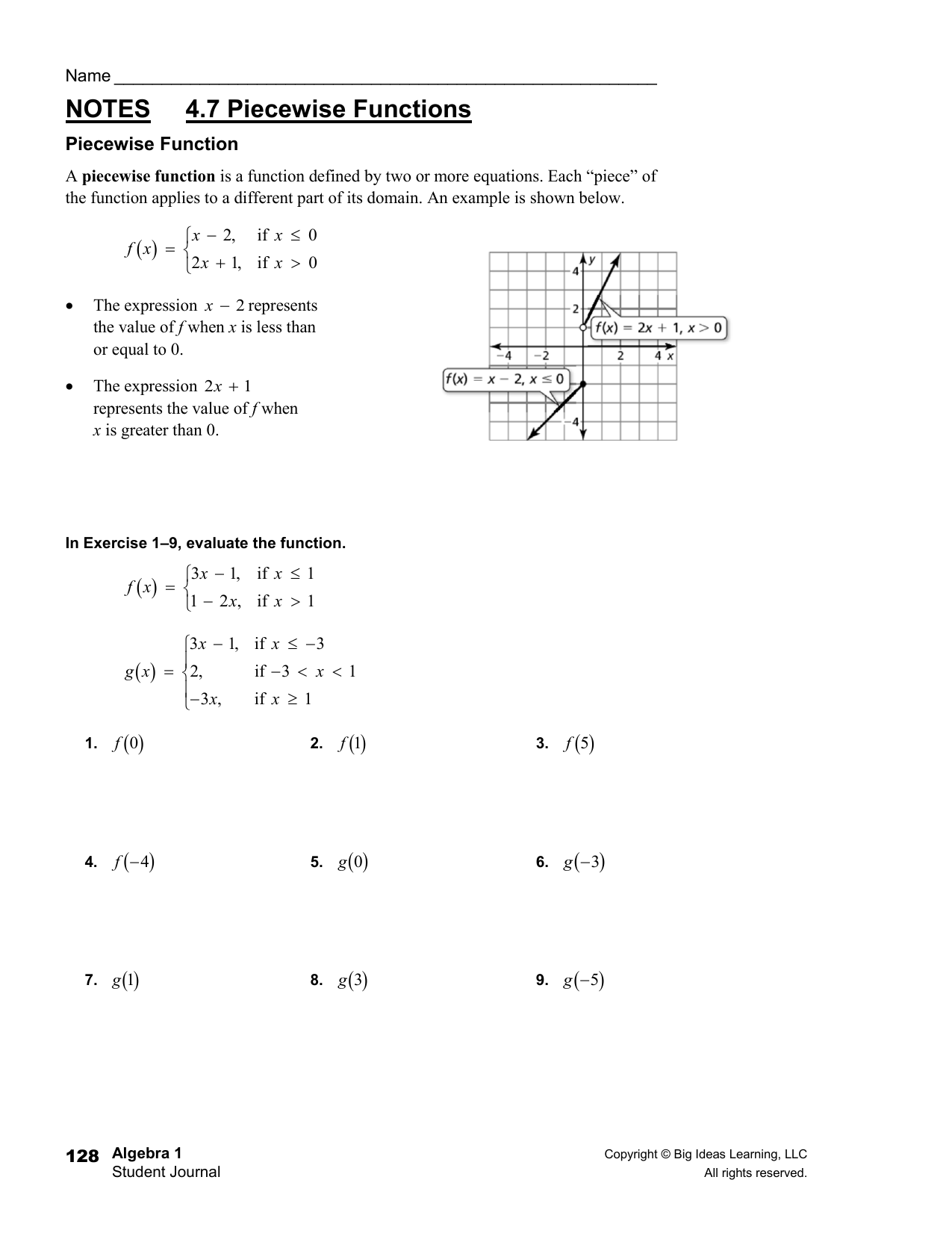 Worksheet Piecewise Functions Answer Key