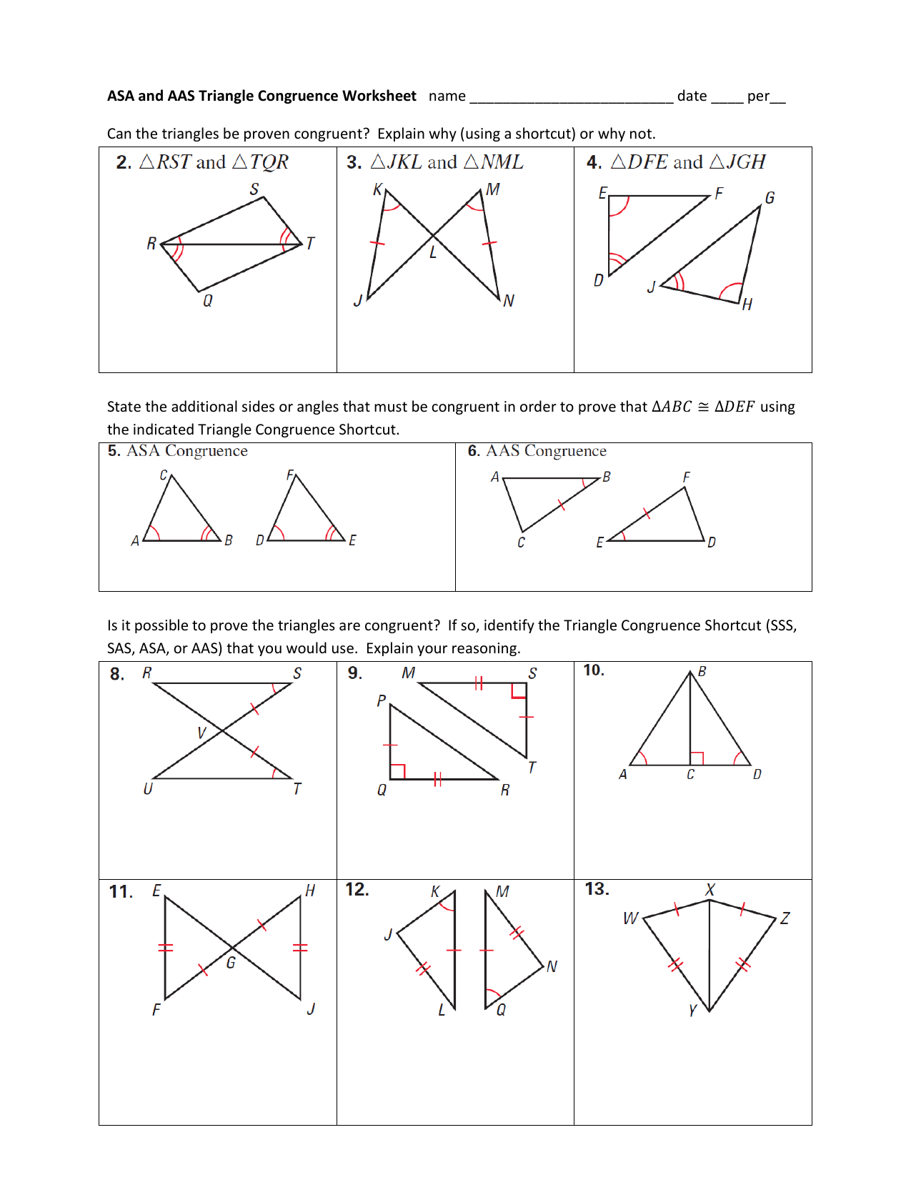 ASA and AAS Triange Congruence Inside Triangle Congruence Practice Worksheet