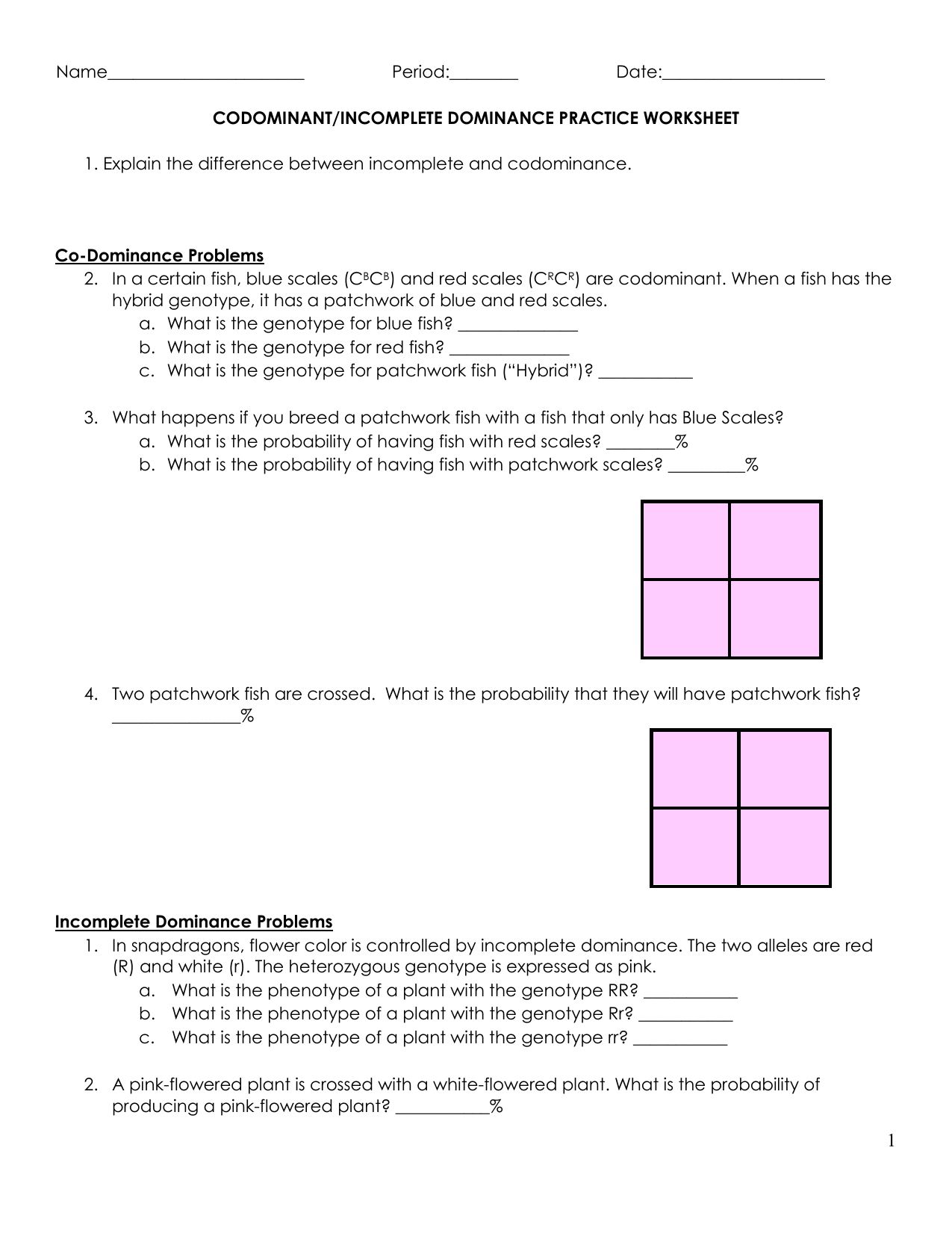 Patchwork Fish Codominant Incomplete Dominance Practice Worksheet Answer Key Judithcahen 