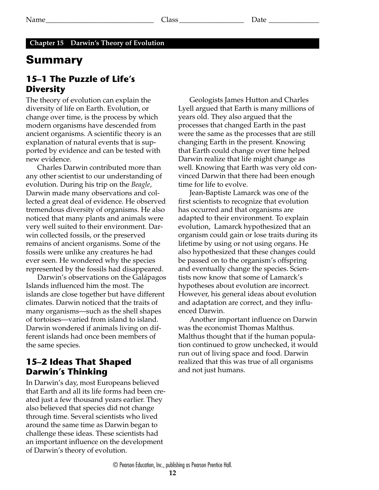 Evolution Guided Reading Handout