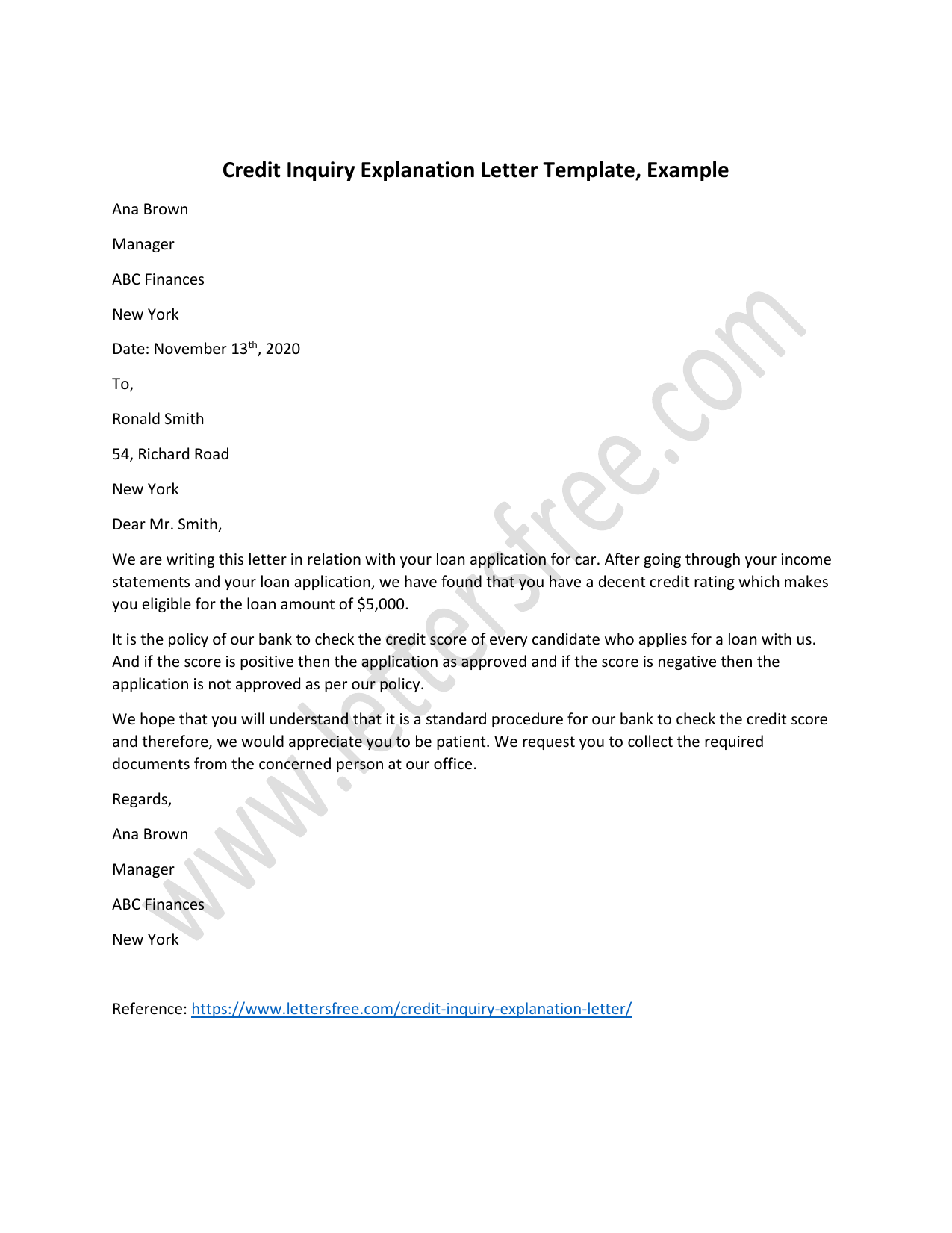 Credit Inquiry Explanation Letter Template
