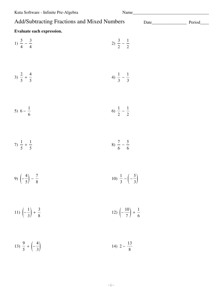 Grade 5 Math Worksheet Fractions Subtract Mixed Numbers Unlike Denominators K5 Learning Grade 