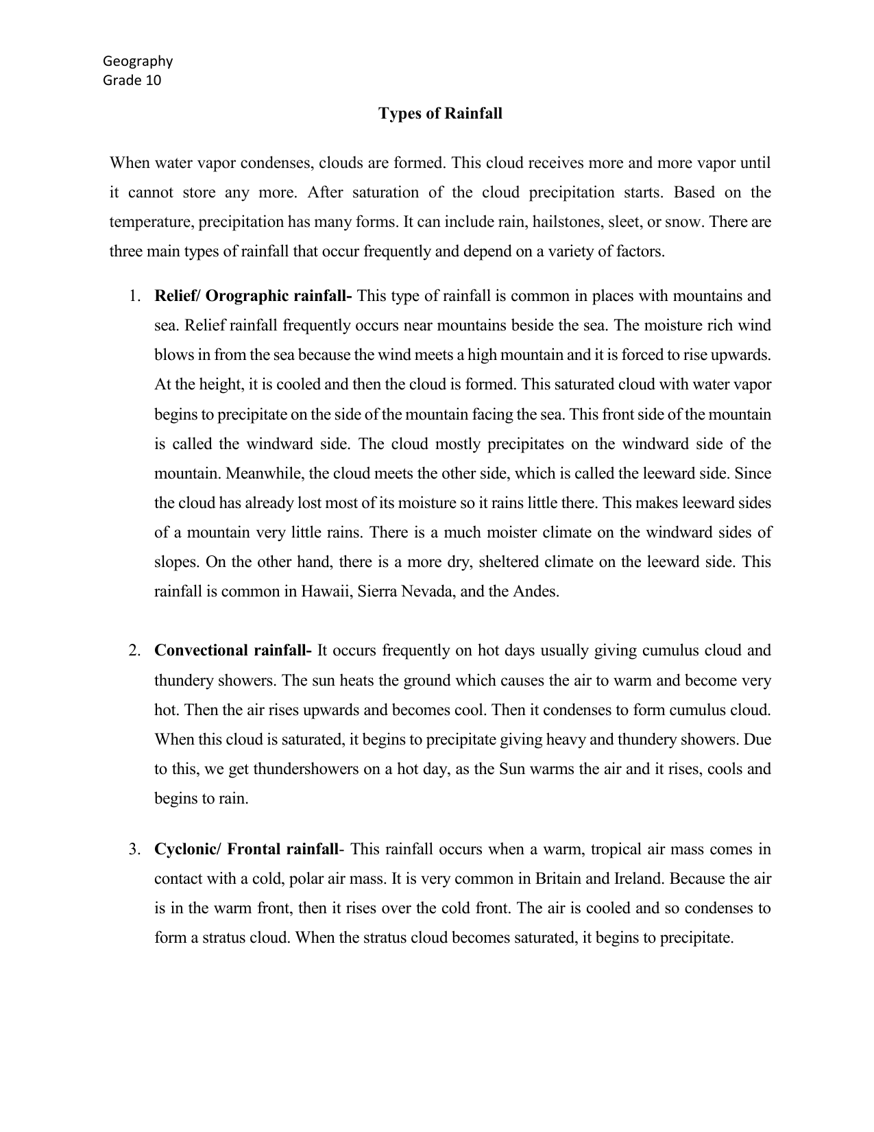 essay on type of rainfall