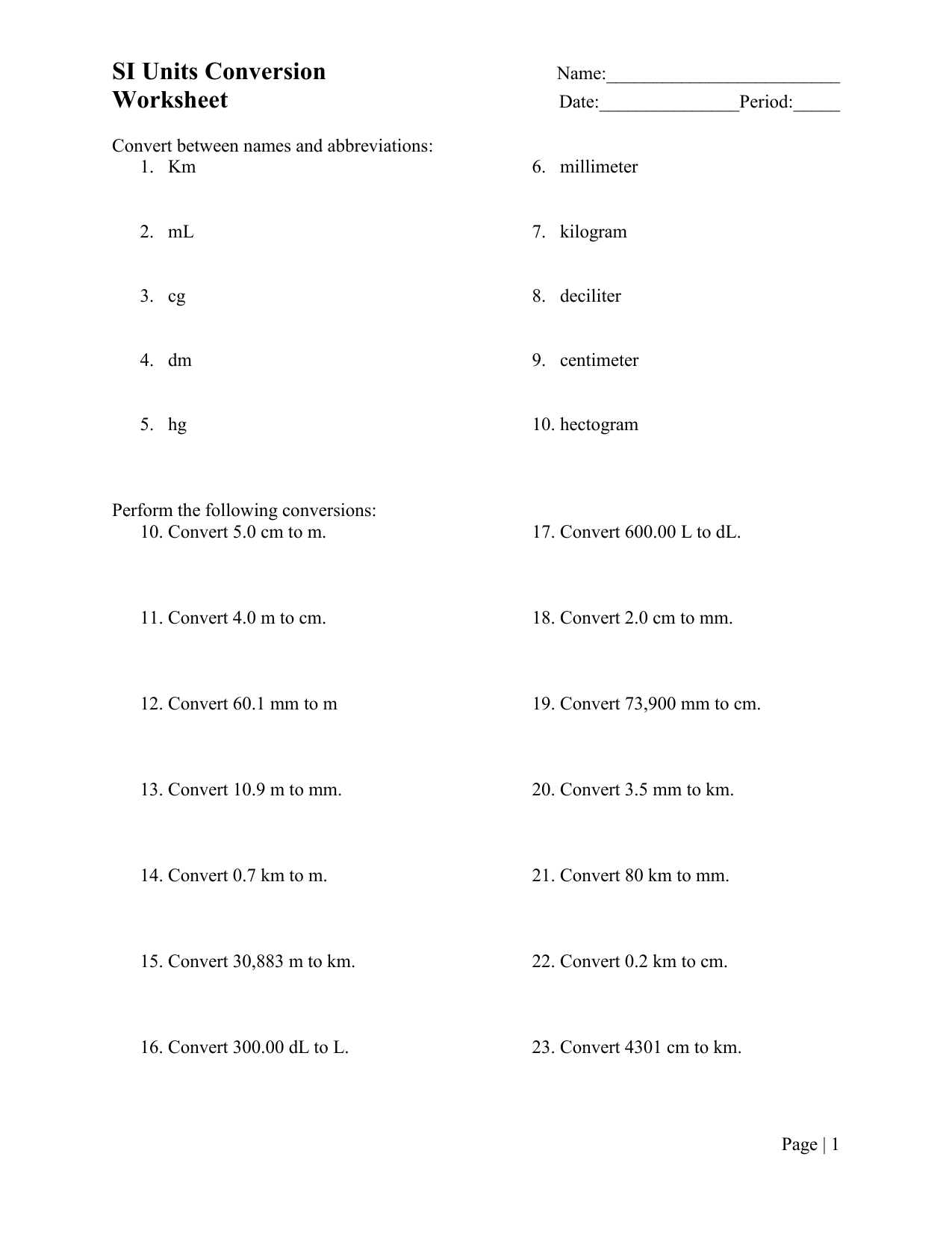 Conversion Worksheet Multiple Choice