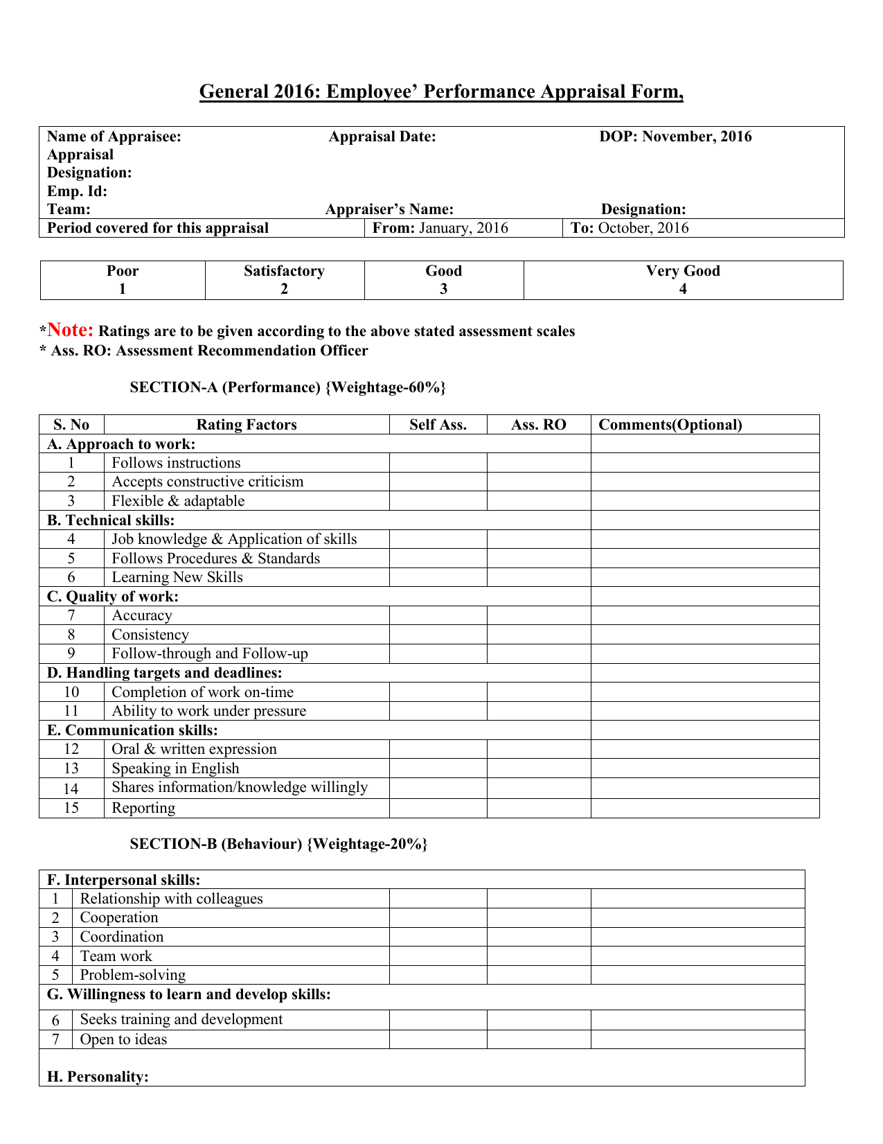 Performance appraisal form with rating scale