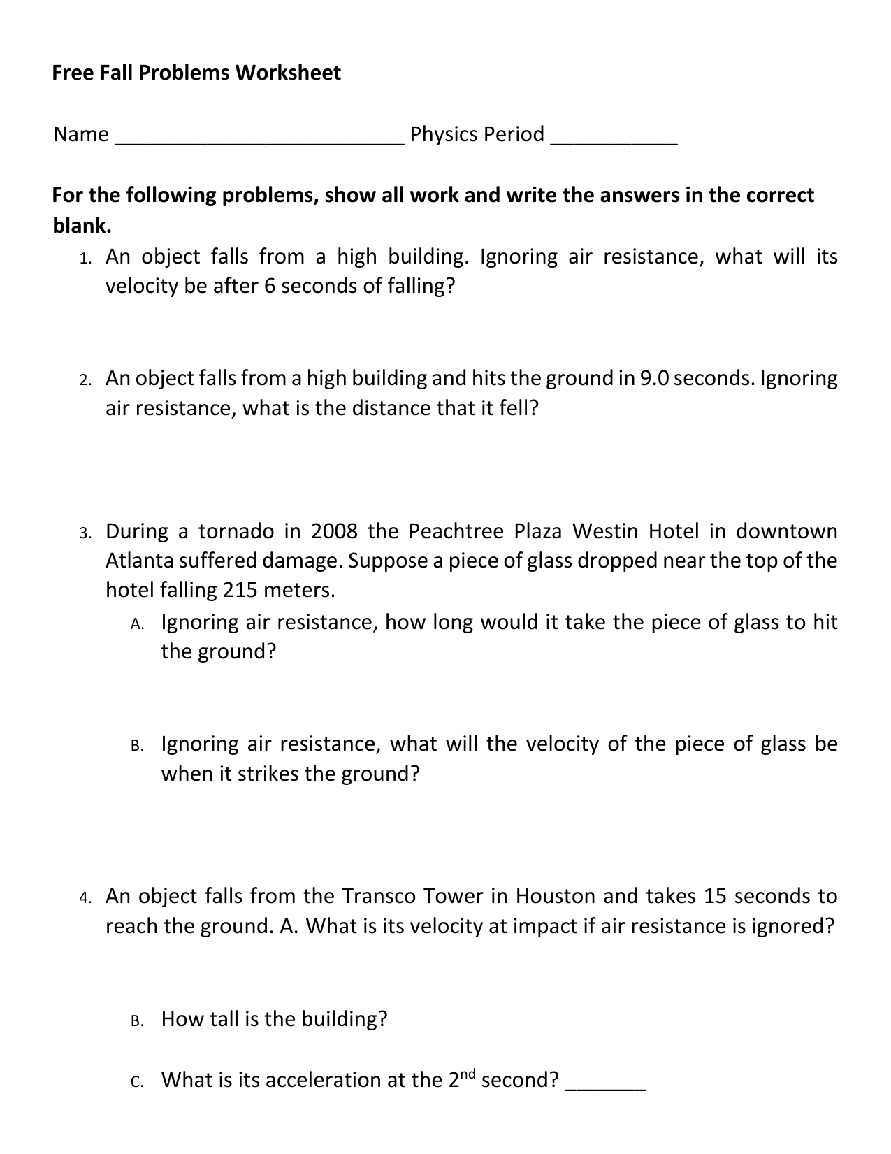 free-fall-worksheet makeup work 20 With Free Fall Problems Worksheet