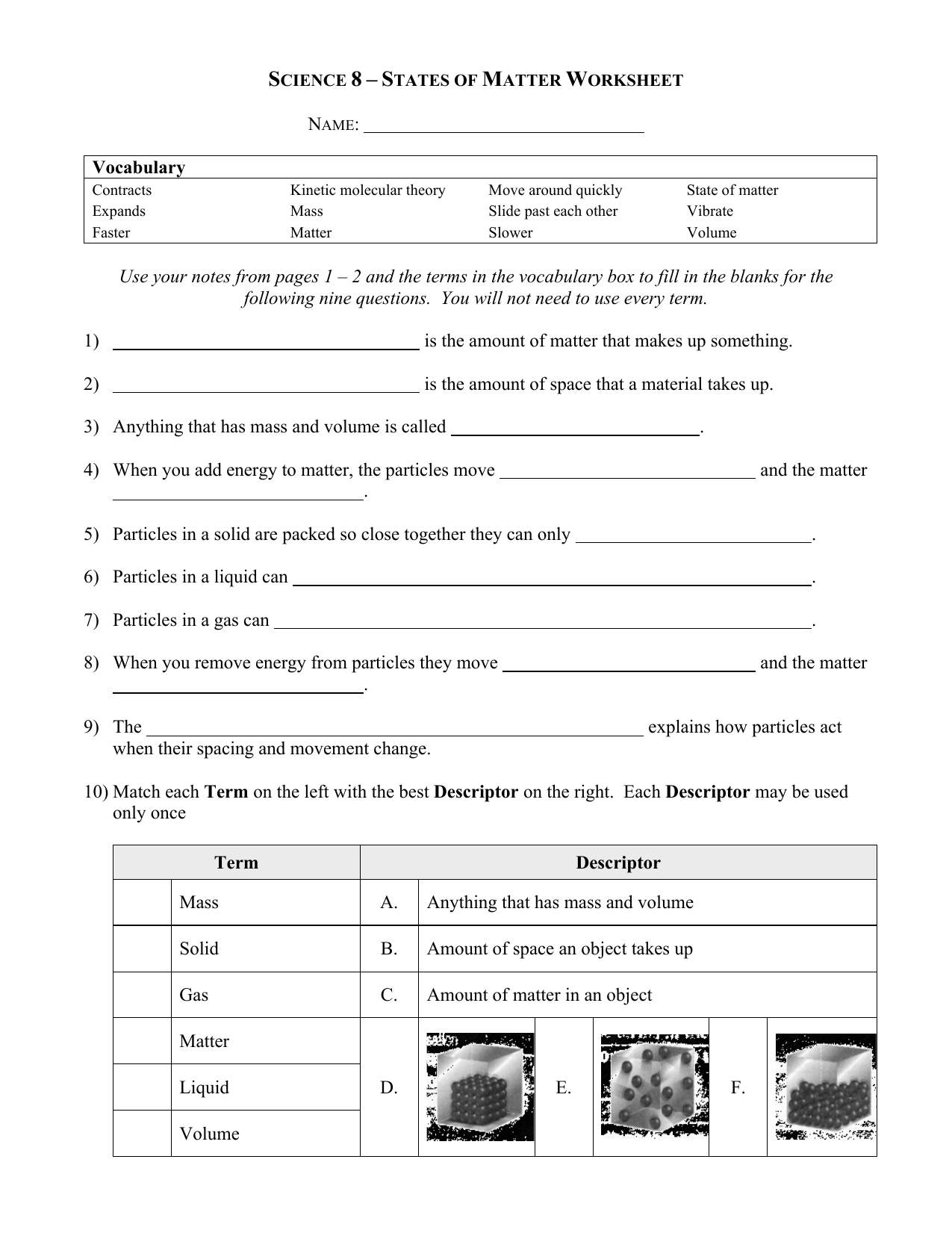 Three States Of Matter Worksheet