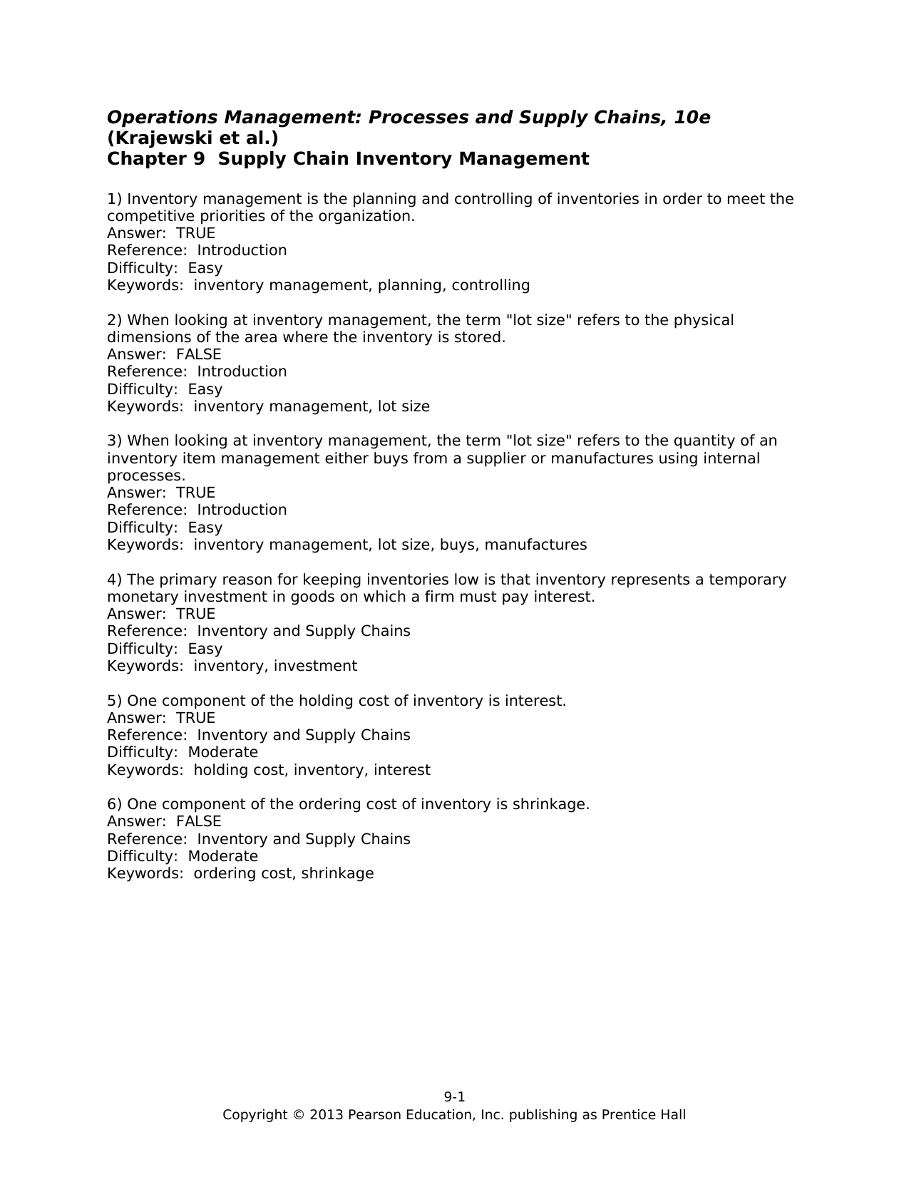 Operations Management Processes And Supply Chains 10e Krajewski Et Al Chapter 9 Supply Chain Inventory Management