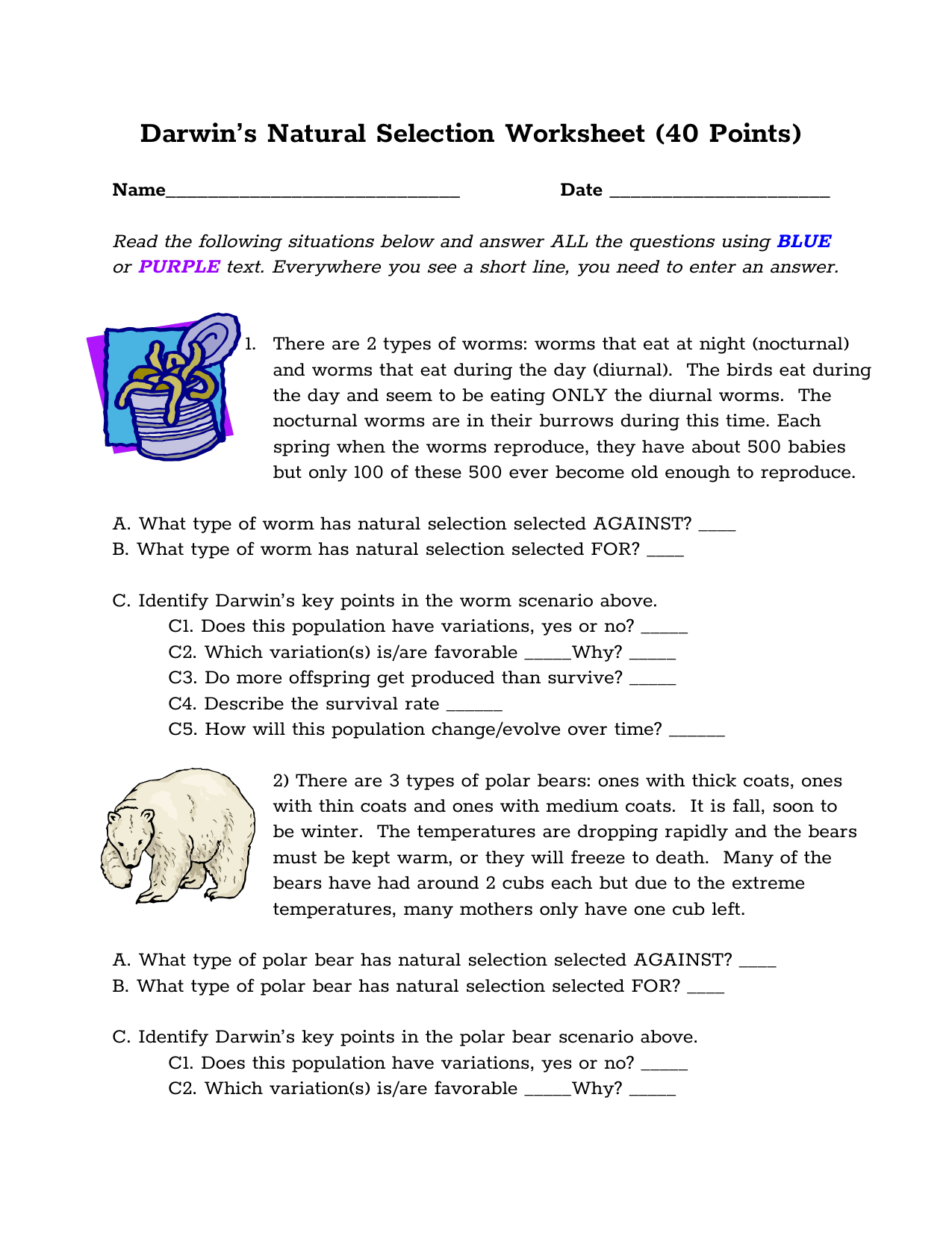 Natural Selection Worksheets For Darwin039s Natural Selection Worksheet