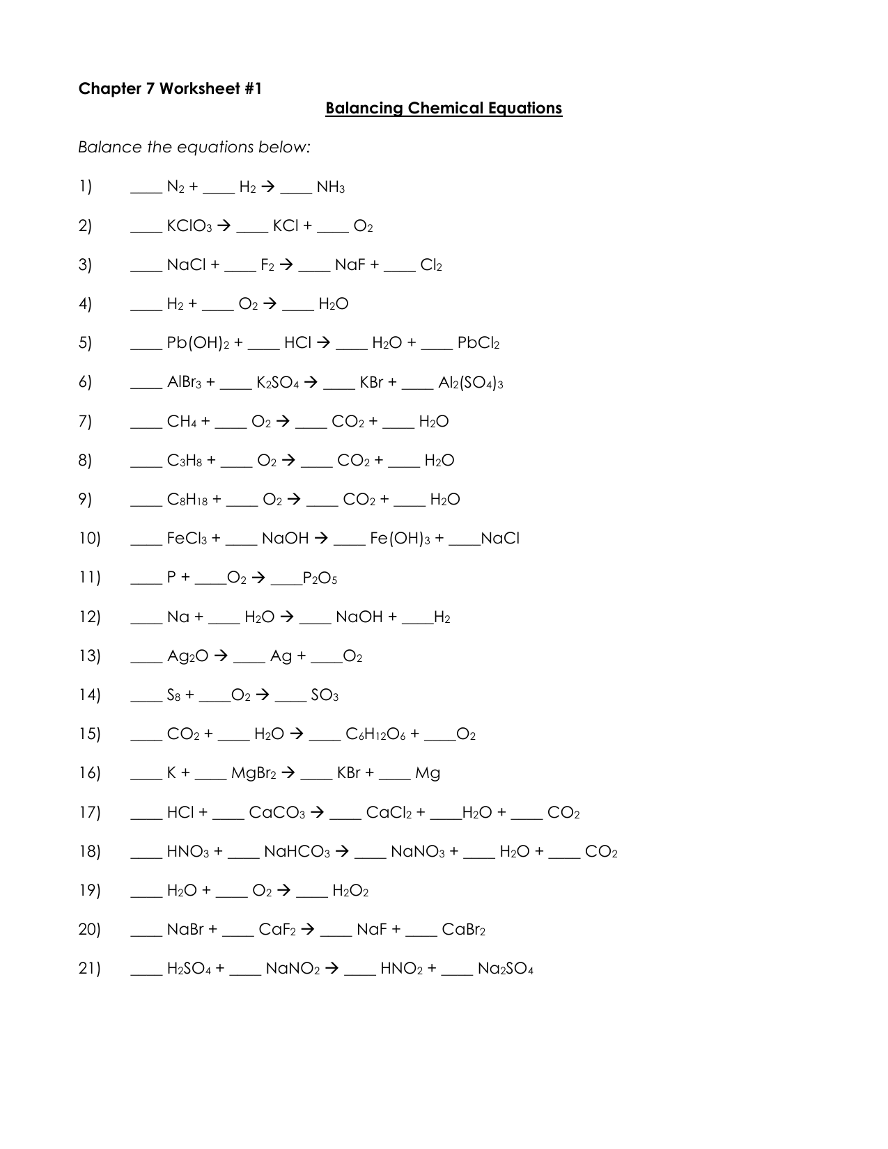 Basic Balancing Chemical Equations Worksheet Template In Balancing Chemical Equations Worksheet Answers