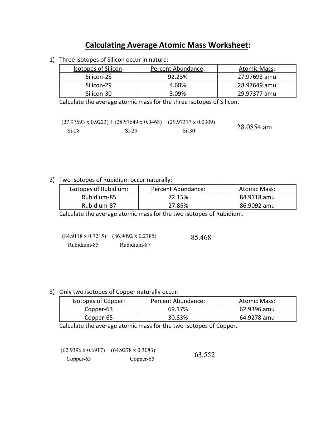 Average Atomic Mass Worksheet