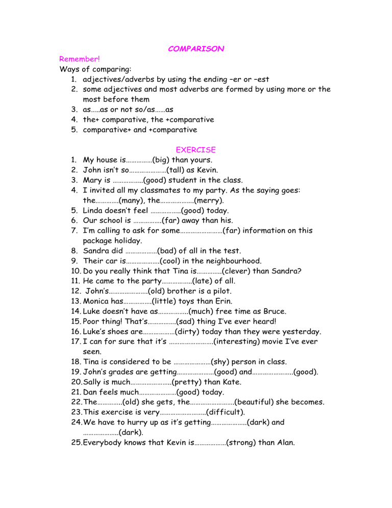 Degrees of comparison grammar drills 77160