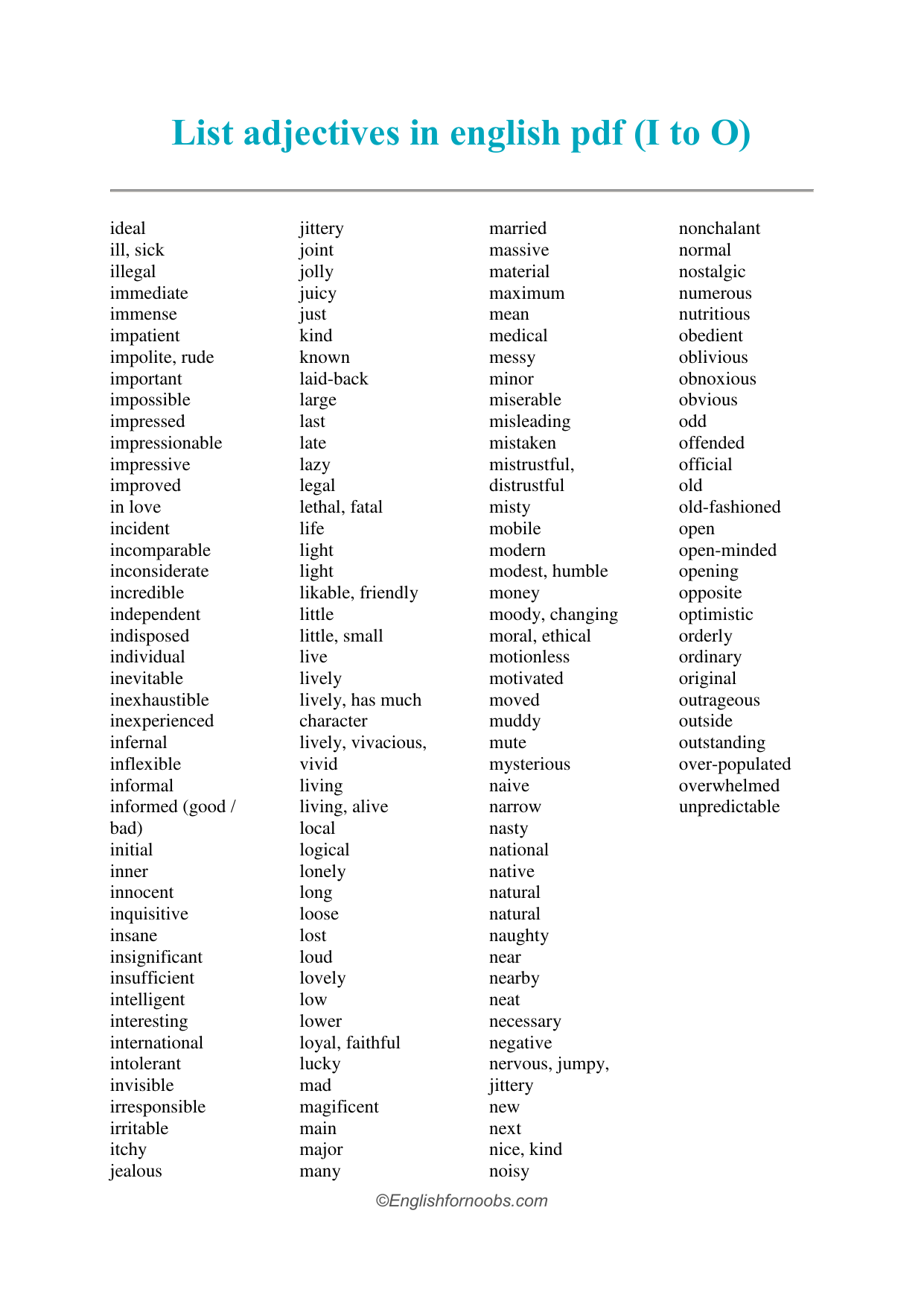 List adjectives in english pdf I to O