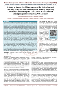 A Study to Assess the Effectiveness of the Video Assisted Teaching Program on Knowledge and Anxiety Regarding Colostomy Care among the Care Givers of the Children Undergoing Colostomy at KGMU, Lucknow