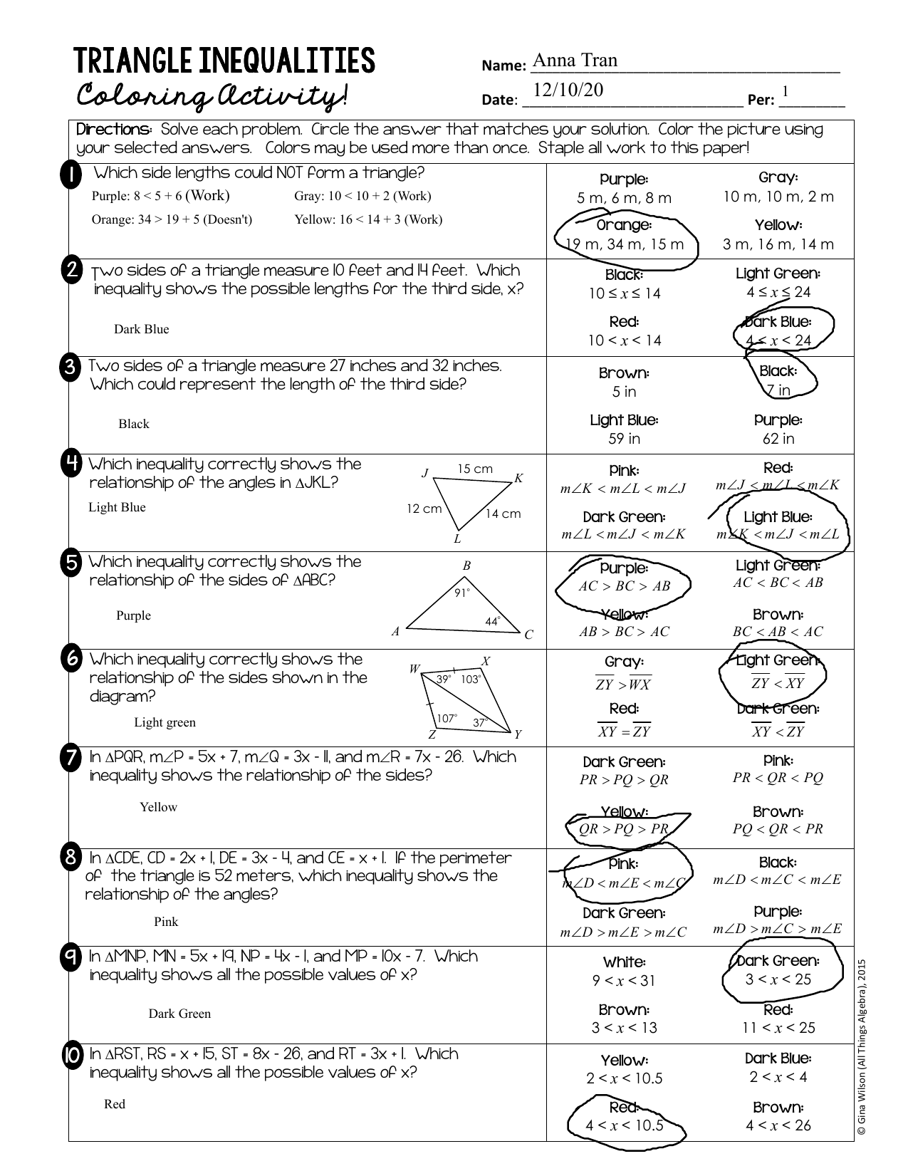 Coloring Activity Geometry Triangle Inequalities Throughout Triangle Inequality Theorem Worksheet