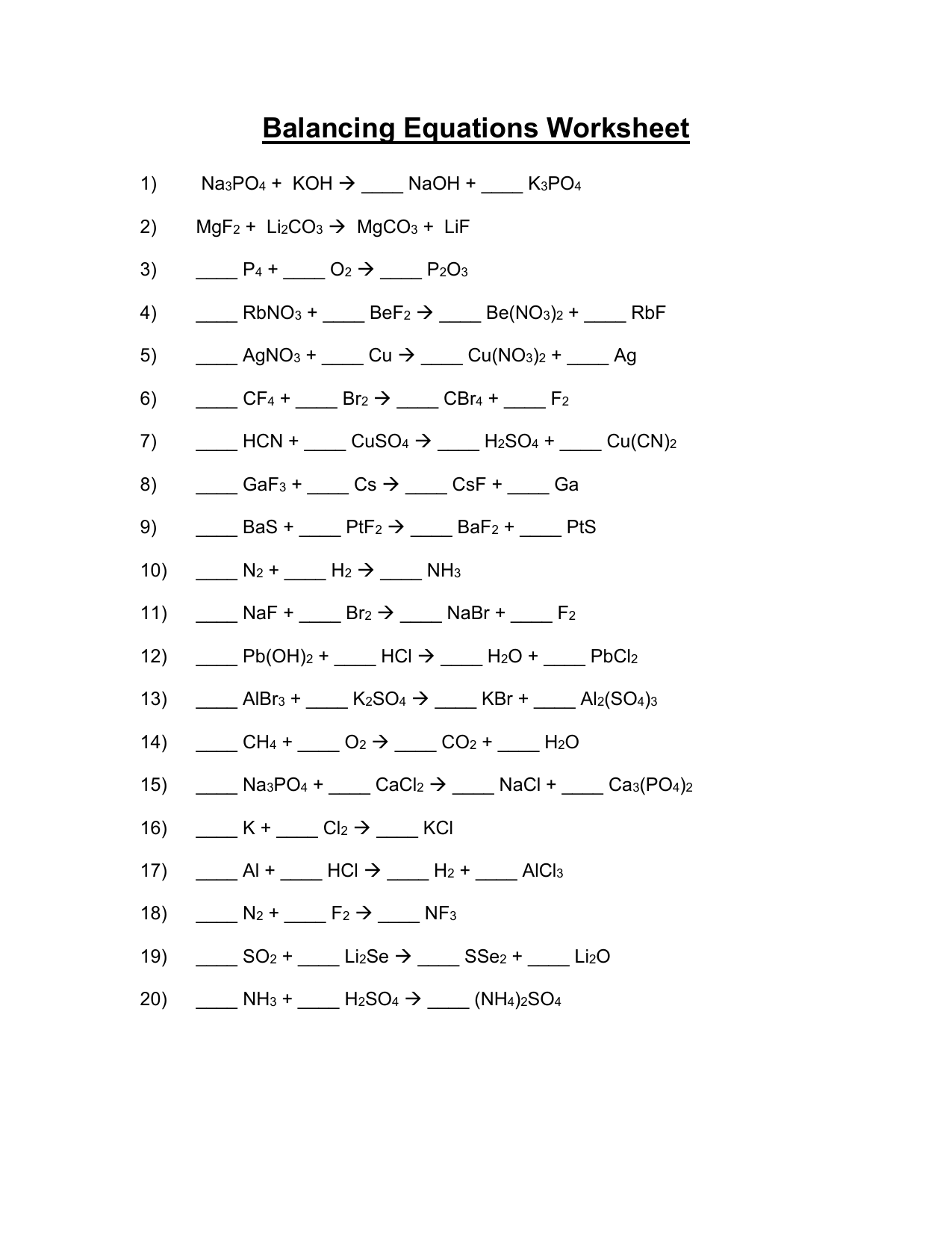 balancing equations 23 Within Balancing Equations Worksheet Answers